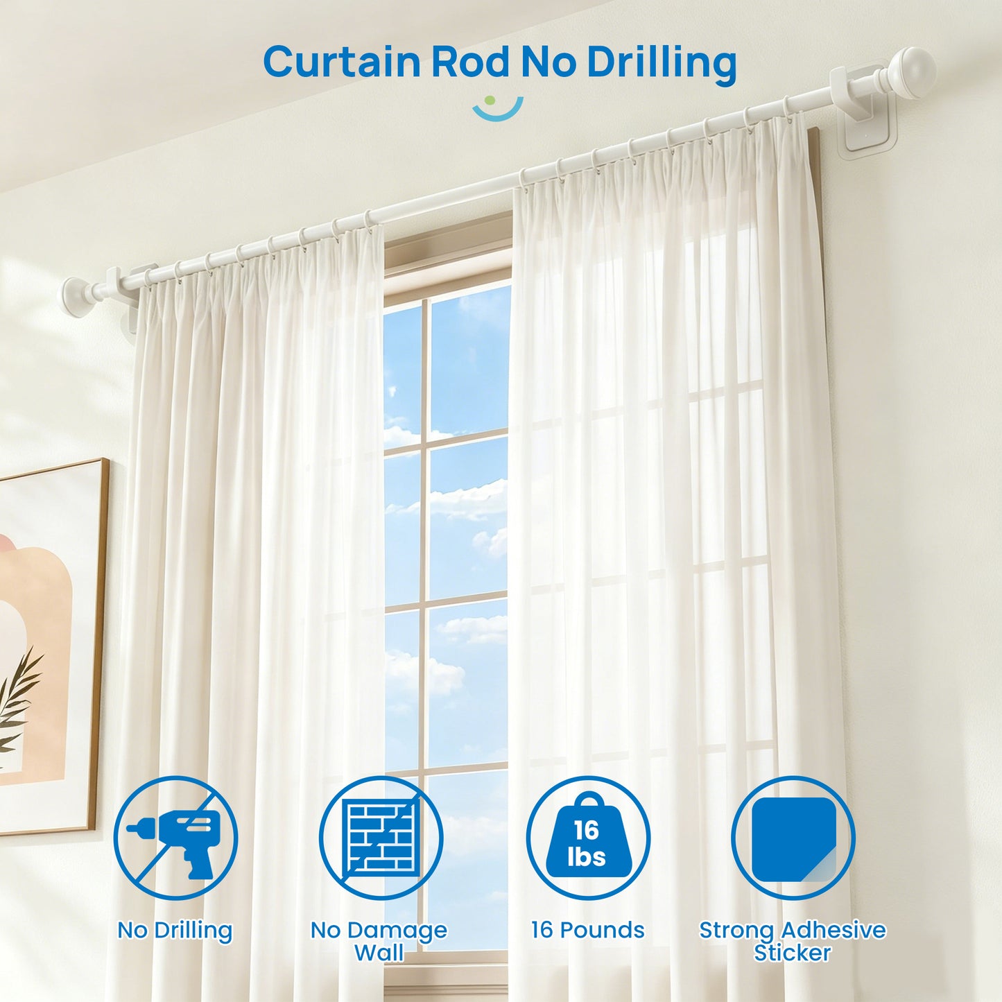 Sindcom No Drill Curtain Rods for Window 48 to 84 Inches, 5/8 Inch Diameter Renter Friendly Drapery Rod with Adhesive Brackets without Drilling, Adjustable from 27 to 90 Inches, White