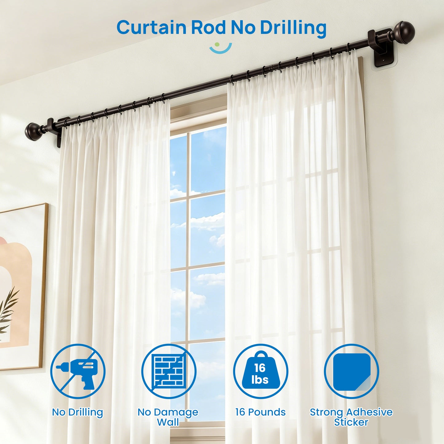 Sindcom No Drill Curtain Rods for Window 27 to 48 Inches, 5/8 Inch Diameter Renter Friendly Drapery Rod with Adhesive Brackets without Drilling, Adjustable from 27 to 52 Inches,Bronze