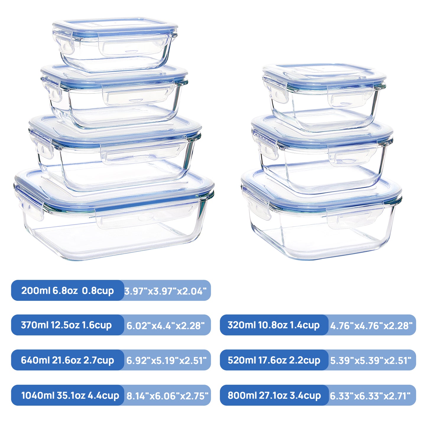 Sindcom 7 Pack Glass Food Storage Containers, Meal Prep, Airtight Bento Boxes with Leak Proof Locking Lids,Blue