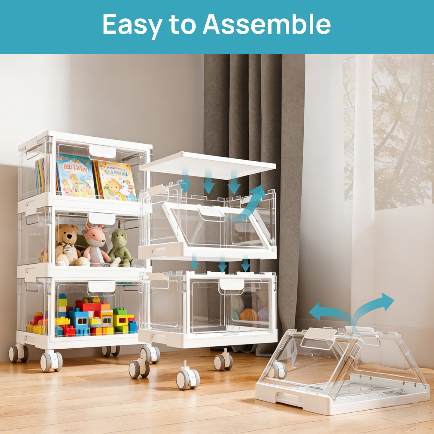 Kids Toy Storage Organizer with Clear Bins & Wheels, 72Qt Foldable Stackable Storage Containers with Lids for Baby Diapers, Wipes, Toys, Nursery & Playroom Organization, White