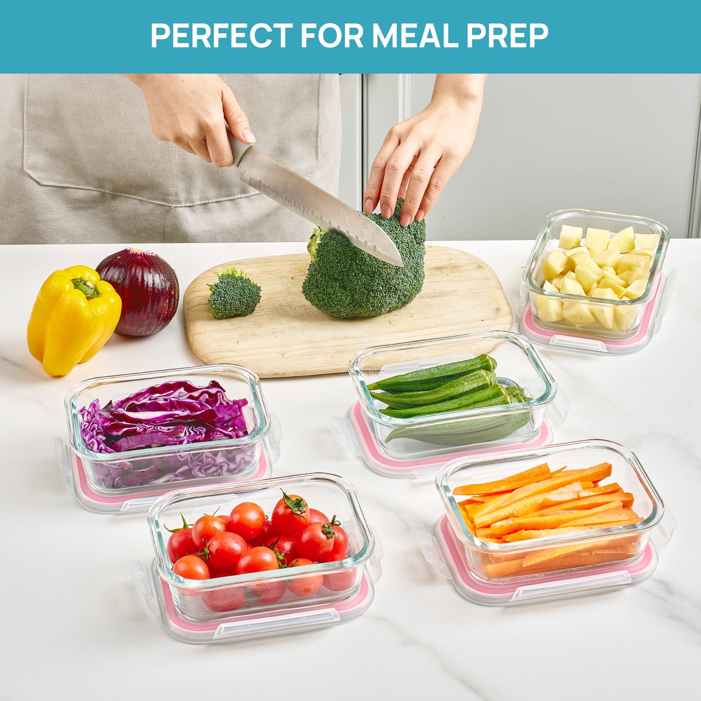 Sindcom 5Pack 22oz Glass Storage Containers with Lids, Glass Meal Prep Food Container Sets with Snap Airtight Lids for Microwave, Oven, Freezer and Dishwasher Pink