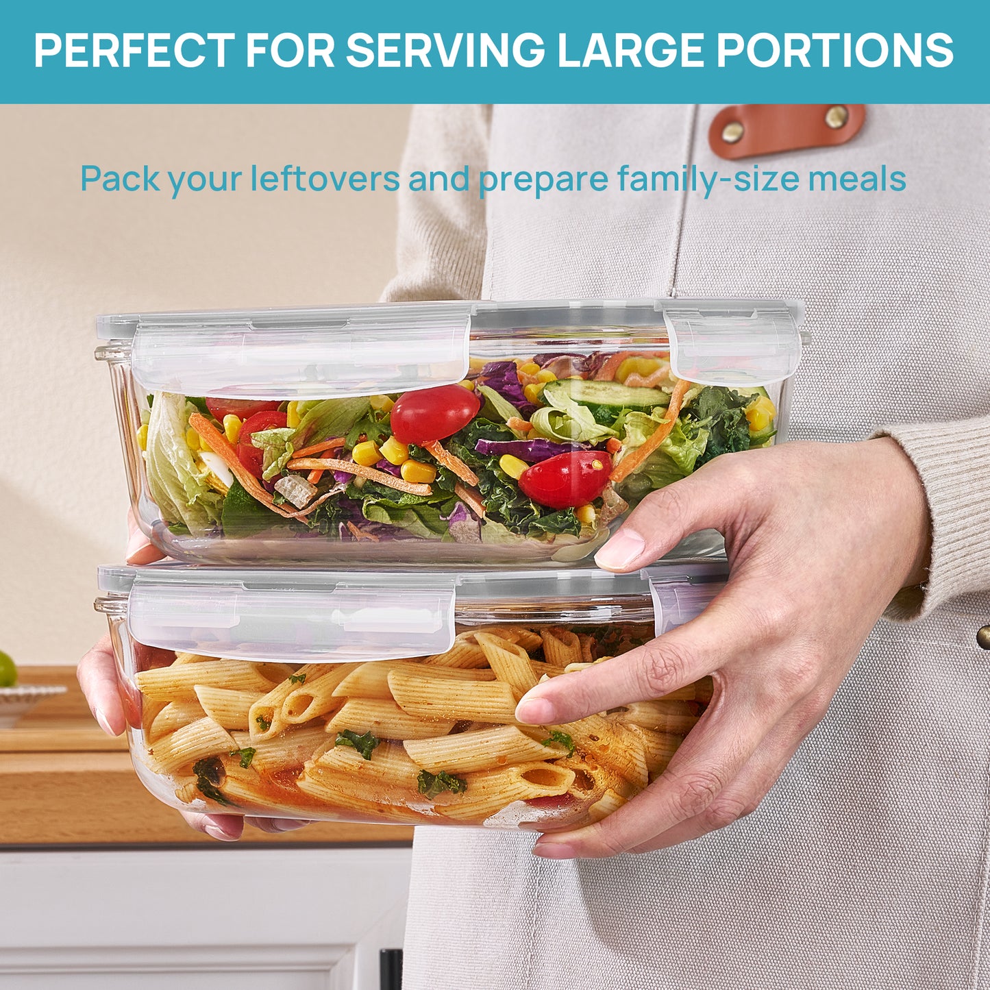 Sindcom 2Pack 1860ml/ 63oz Large Glass Storage Containers with Lids, Meal Prep Food Container Set with Snap Airtight Lid for Baking, Microwave, Oven, Leak Proof, for Freezer, Dishwasher, Grey