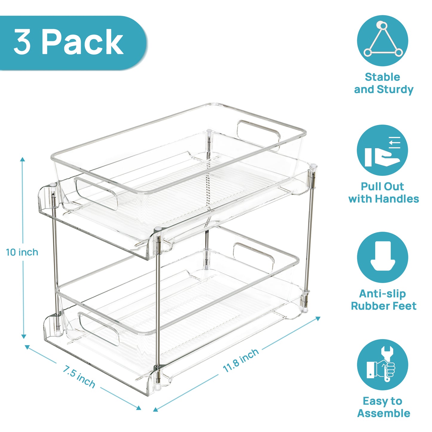 Sindcom 3 Pack Bathroom Plastic Storage Organizer, 2 Tier Clear Under Sink Organizers Vanity Countertop Storage Container