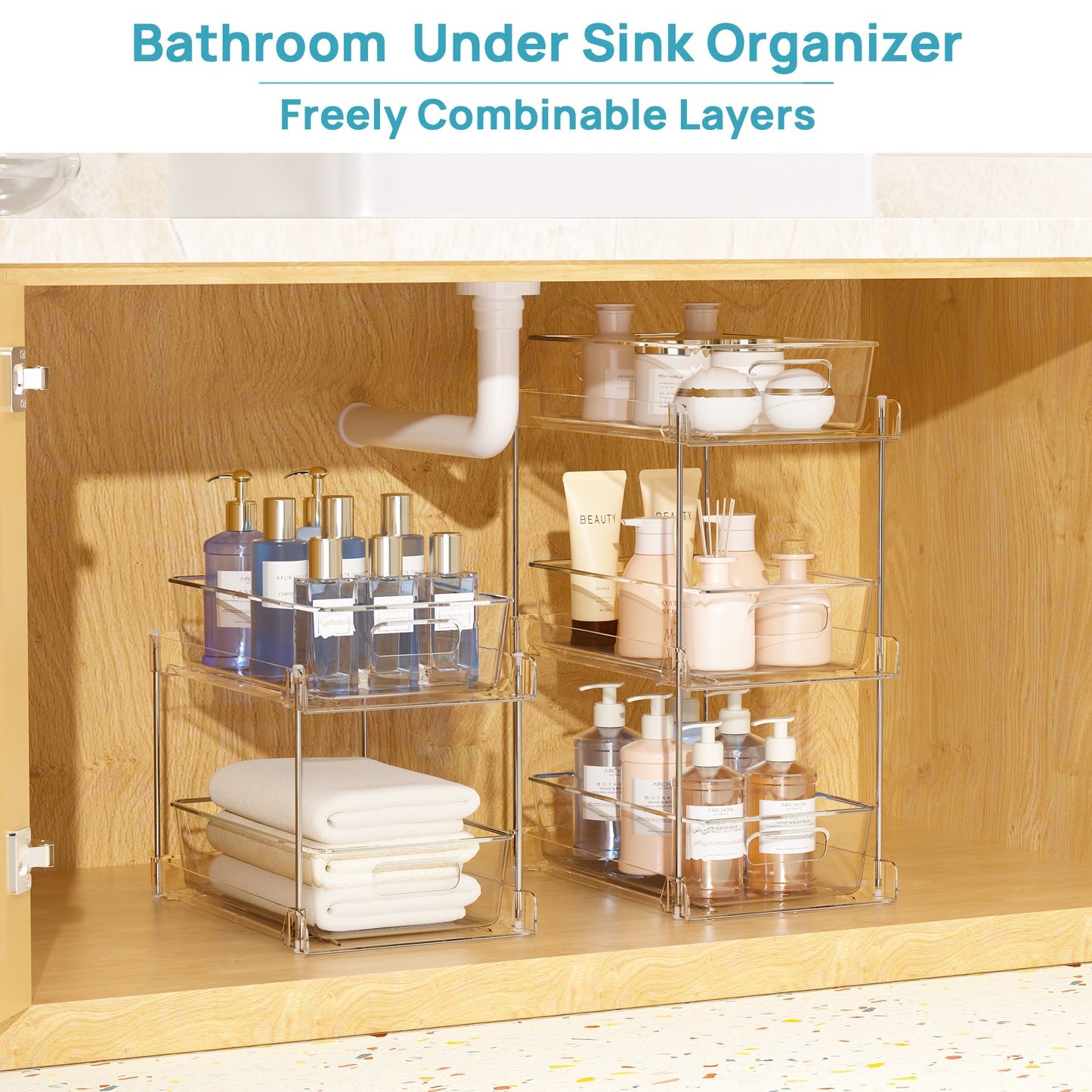 Sindcom 3 Pack Bathroom Plastic Storage Organizer, 2 Tier Clear Under Sink Organizers Vanity Countertop Storage Container