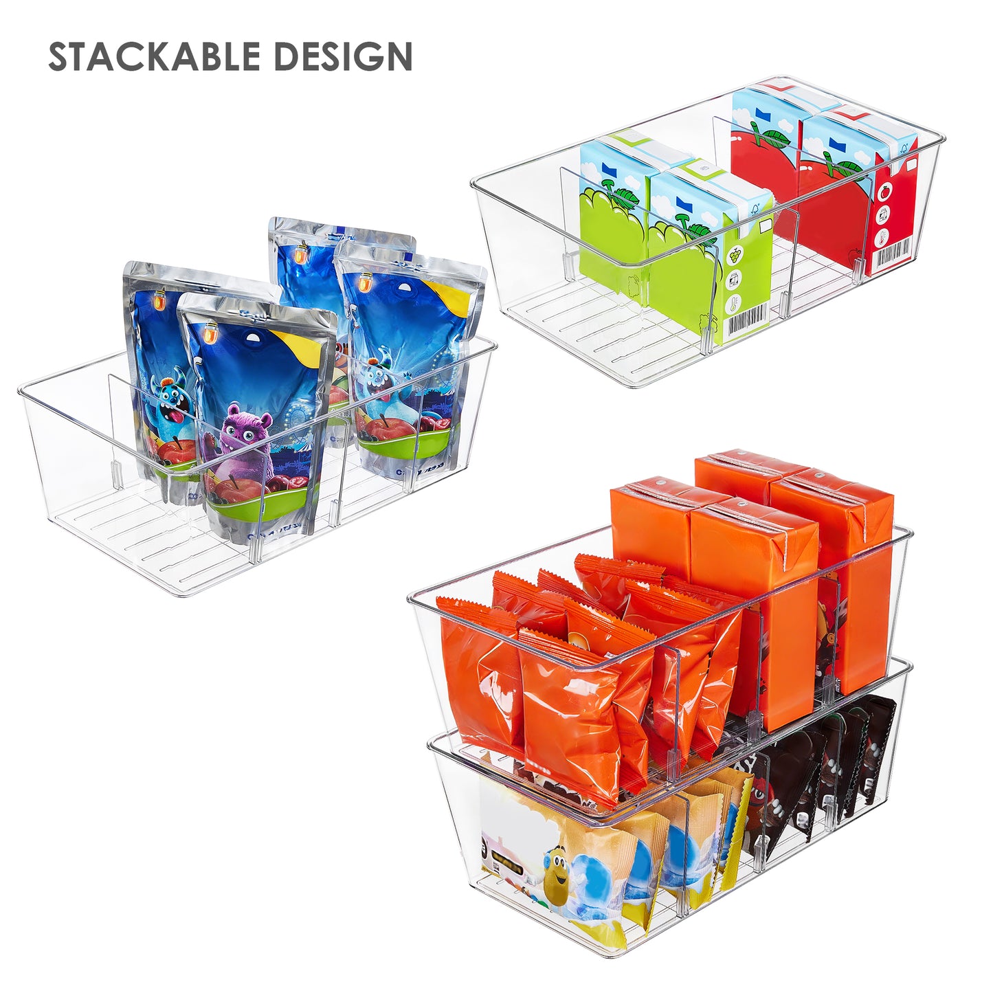 Sindcom 4 Pack Clear Plastic Food Storage Organizer Bins, Multi-Compartment Pantry & Kitchen Drawer Organizer for Spice Packets, Tea Bags, Snacks - Versatile for Fridge & Cabinet
