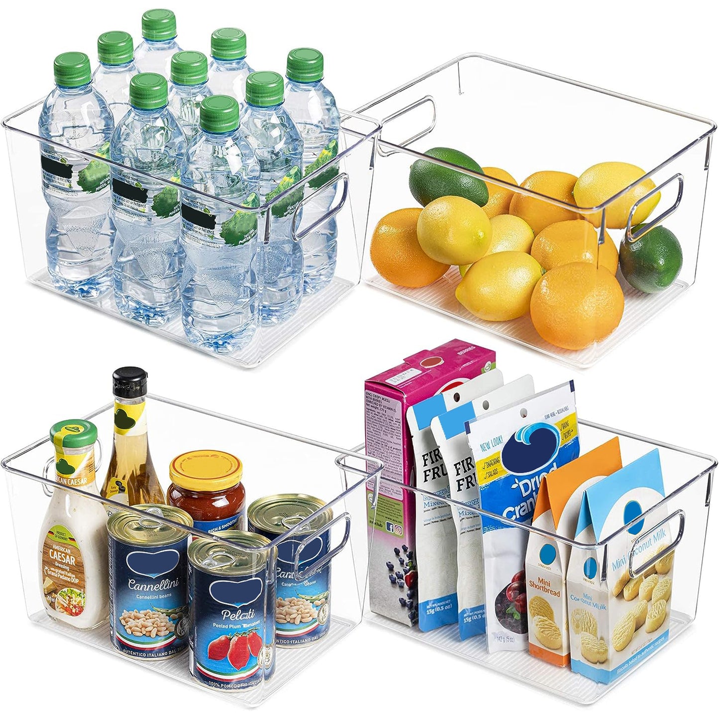 Sindcom 4 Pack Clear Plastic Storage Bins with Handles, Pantry Organizer Bins, for Refrigerator, Freezer, Cabinet, Kitchen, Countertops, Large
