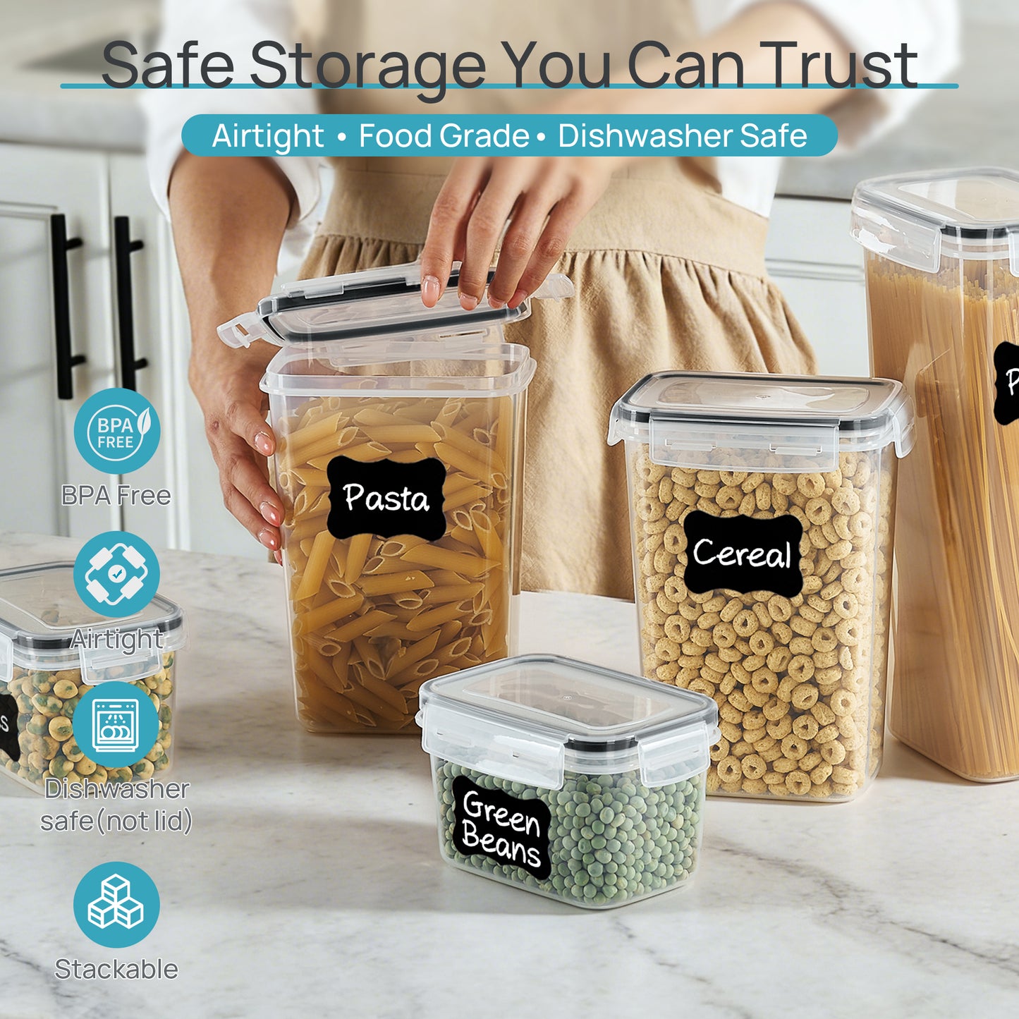Sindcom Airtight Food Storage Containers with Lids, 24 pcs Plastic Kitchen and Pantry Organization Canisters for Cereal, Dry Food, Flour and Sugar, BPA Free, Includes 24 Labels，Black