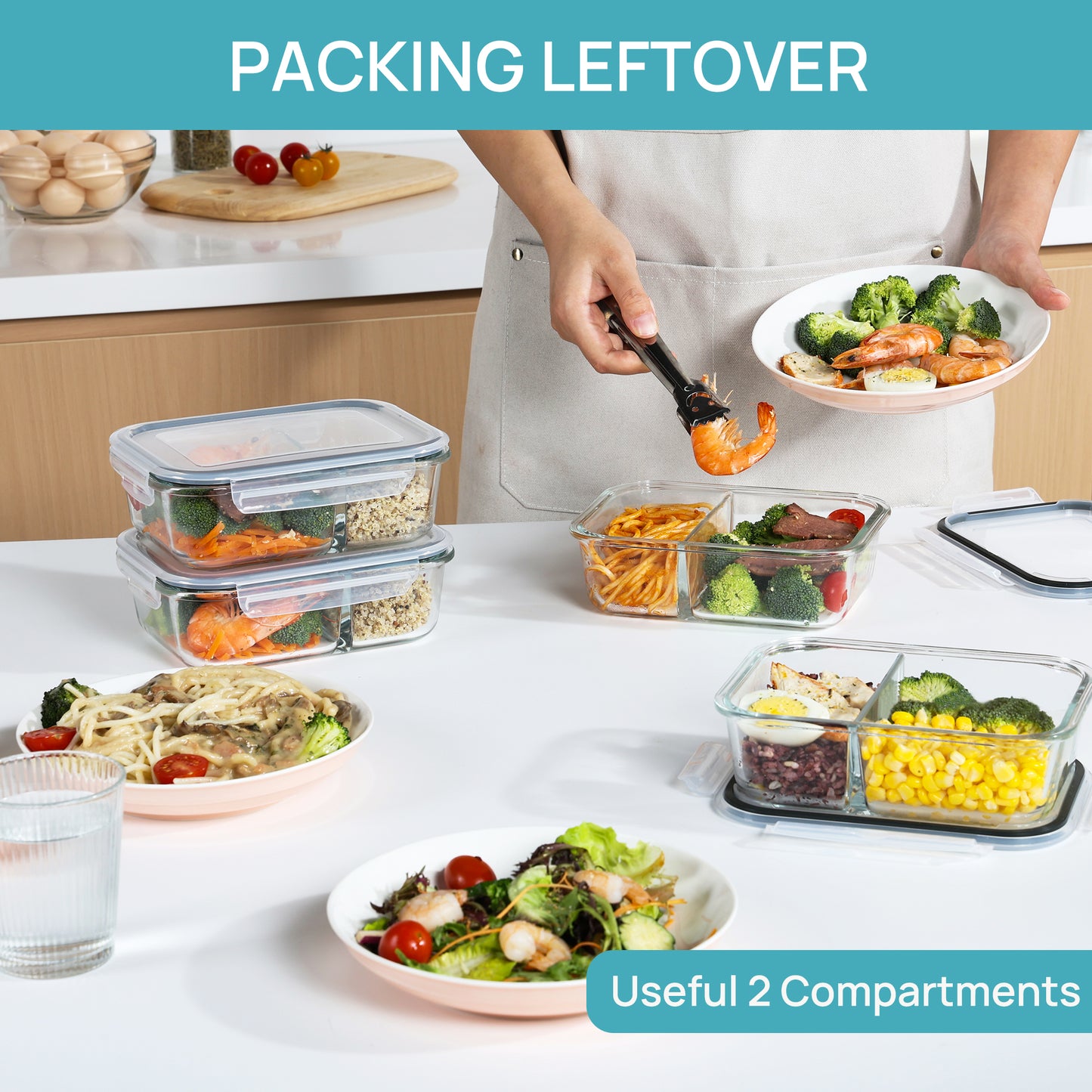 Sindcom 5 Pack 33oz Glass Storage Containers with Lids, 2 Compartments Meal Prep Containers, Airtight Lunch Boxes with Snap Locking Lids for Microwave, Oven, Freezer, Dishwasher