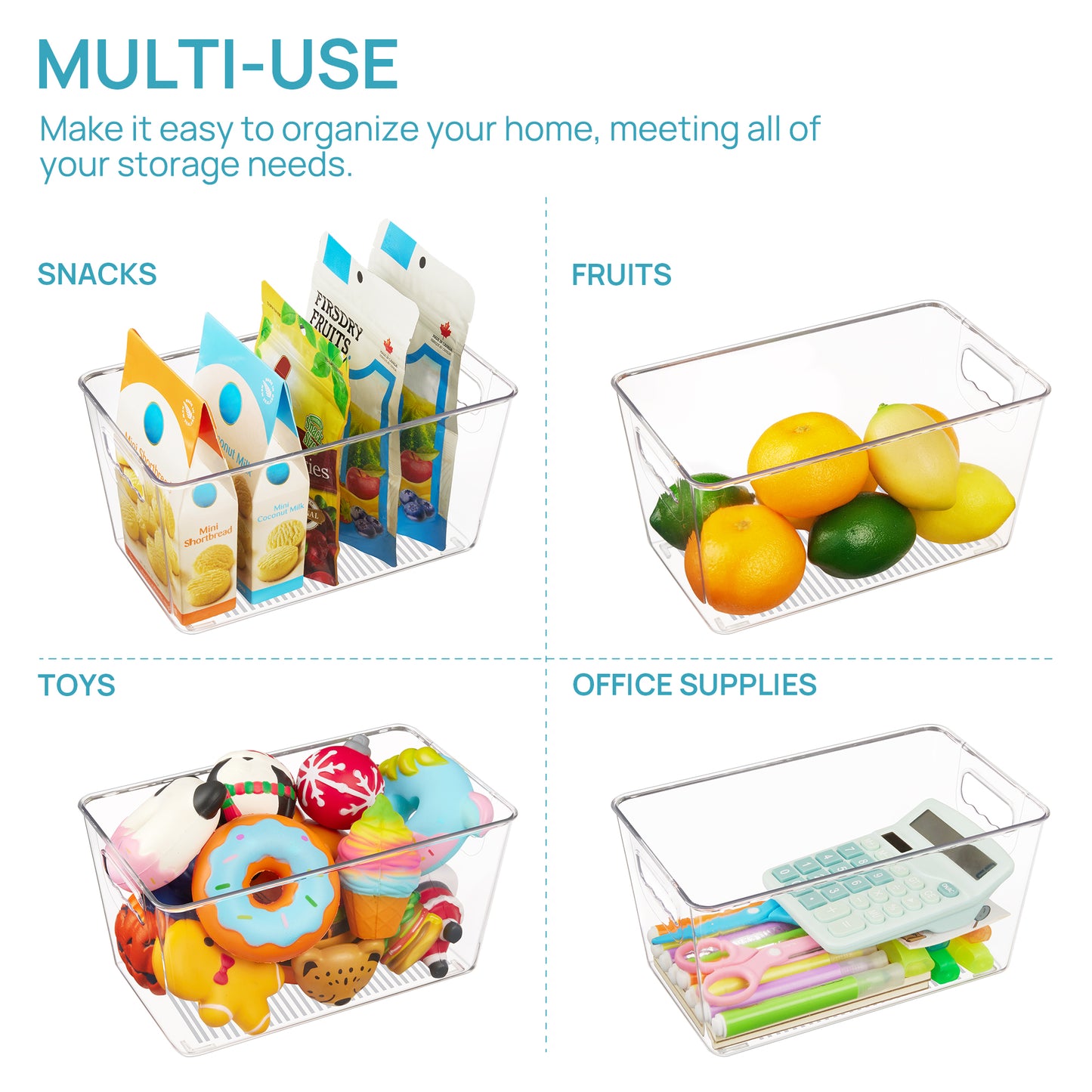 Sindcom Clear Plastic Storage Bins, 4 PCS Pantry Organizer Bins with Handle,Medium