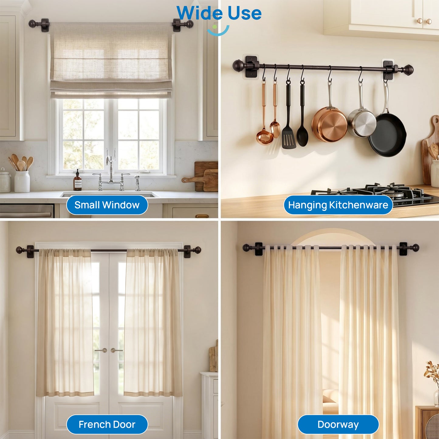 Sindcom No Drill Curtain Rods for Window 27 to 48 Inches, 5/8 Inch Diameter Renter Friendly Drapery Rod with Adhesive Brackets without Drilling, Adjustable from 27 to 52 Inches,Bronze
