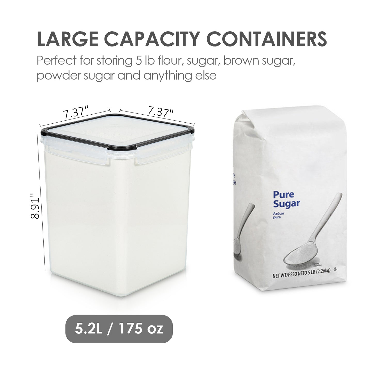 Sindcom 4 PCS Large Food Storage Containers 5.2L / 175oz, 4 Pieces BPA Free Plastic Airtight Canisters for Flour, Sugar, Baking Supplies, Rice with Lids, 4 Measuring Cups and 24 Labels, Black