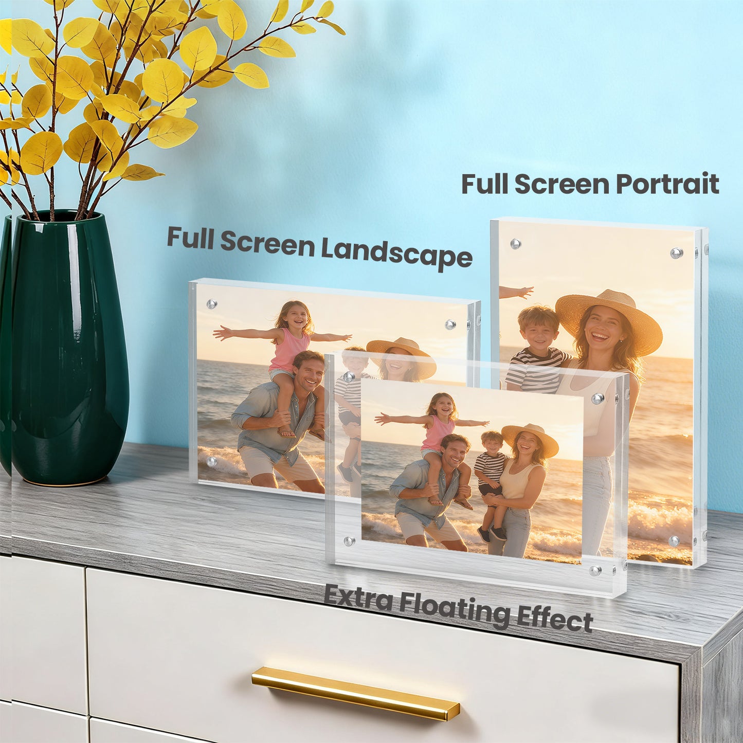 Sindcom 4x6 Acrylic Frames 3 Pack, Frameless Clear Picture Frames, Double Sided Magnetic Picture Frames, Free Standing Desktop Display