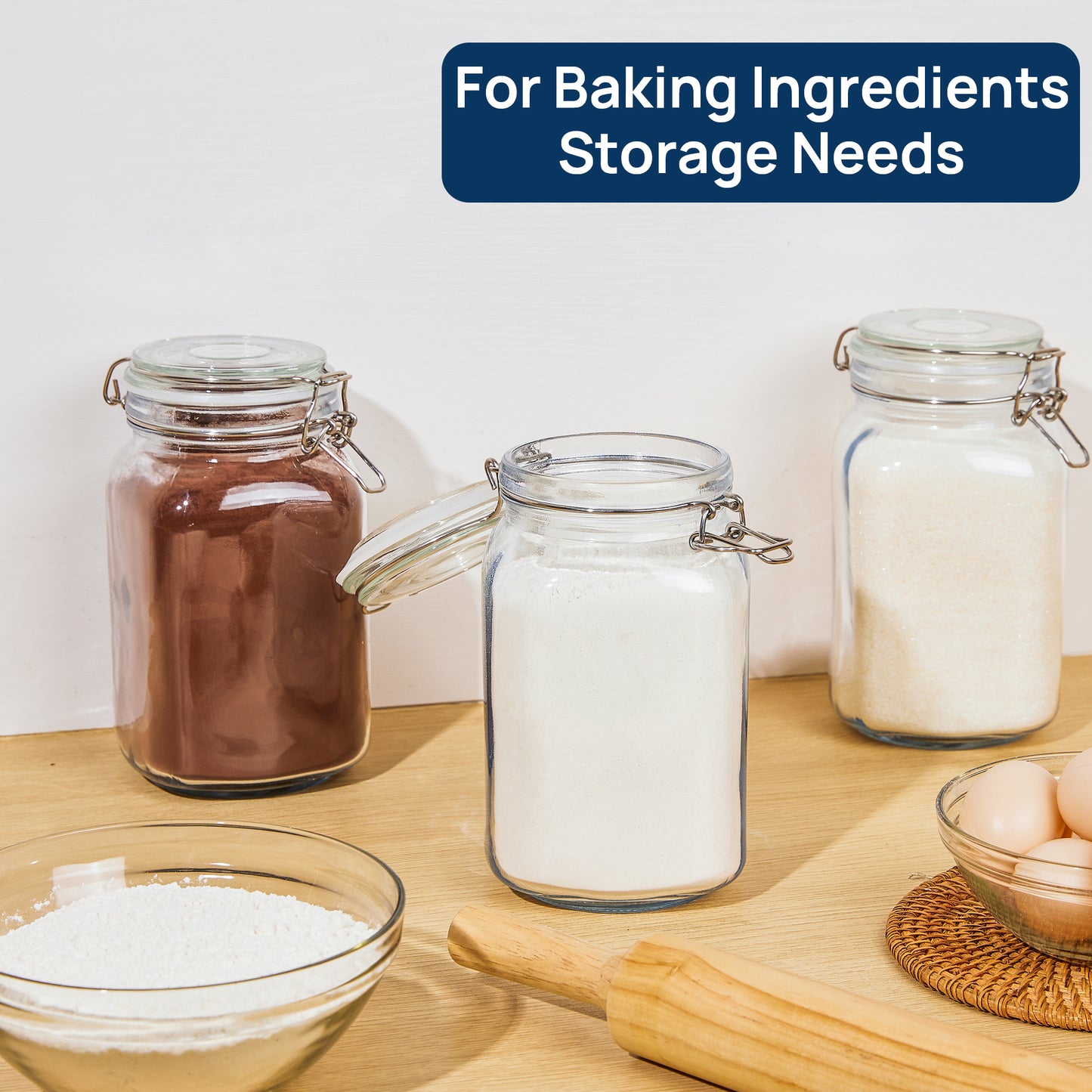 Sindcom 50oz Airtight Glass Jars with Lids, 3 PCS Food Storage Canister for Kitchen & Pantry Organization, Square Mason Jar Containers for Storing Sugar, Flour, Cereal,Coffee,Cookies