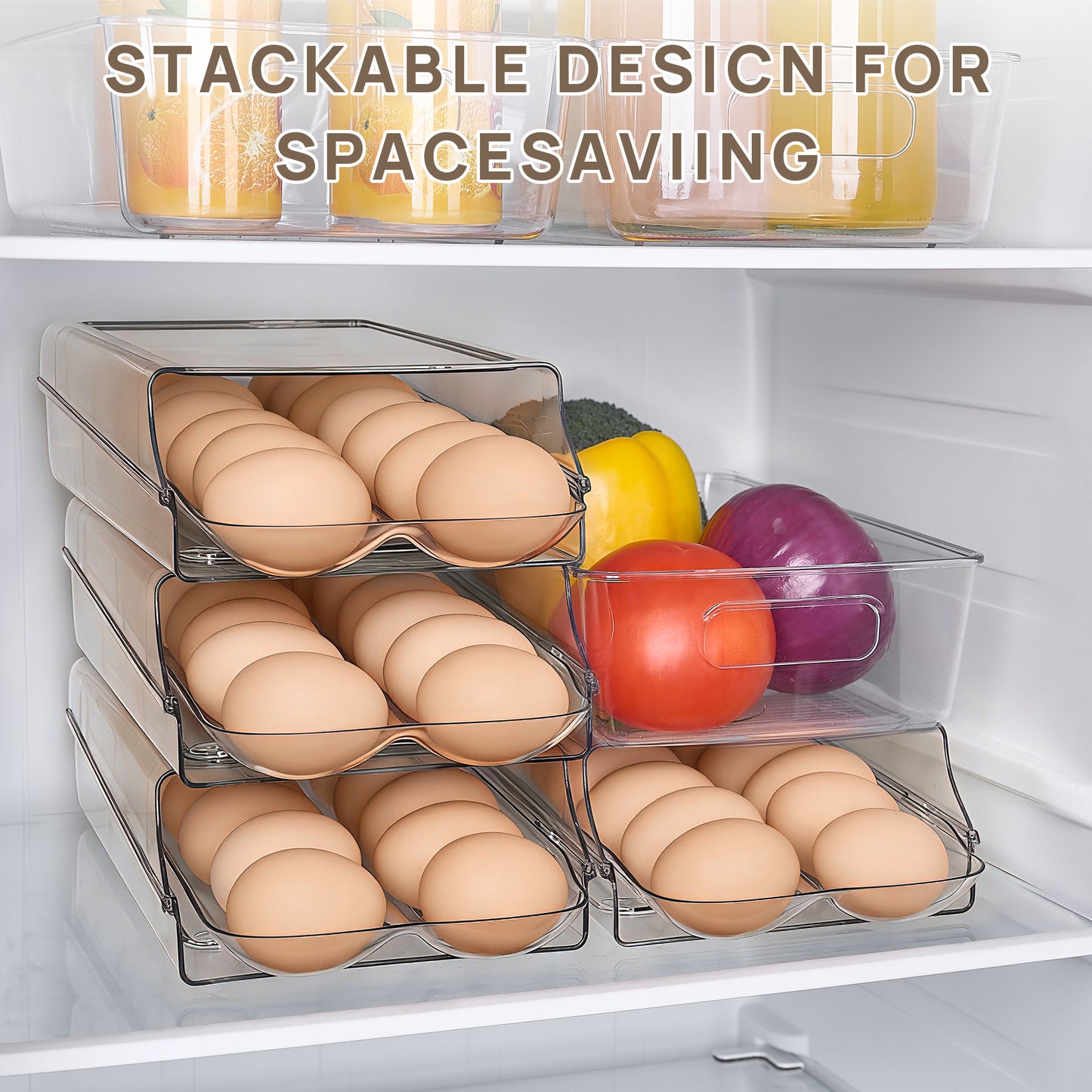 Sindcom Clear Plastic Egg Holder for Fridge, Automatic Rolling Egg Container for Refrigerator, Stackable 14-Count Eggs Organizer with Removable Inner Tray, Fridge Organizers and Storage, 2Pack