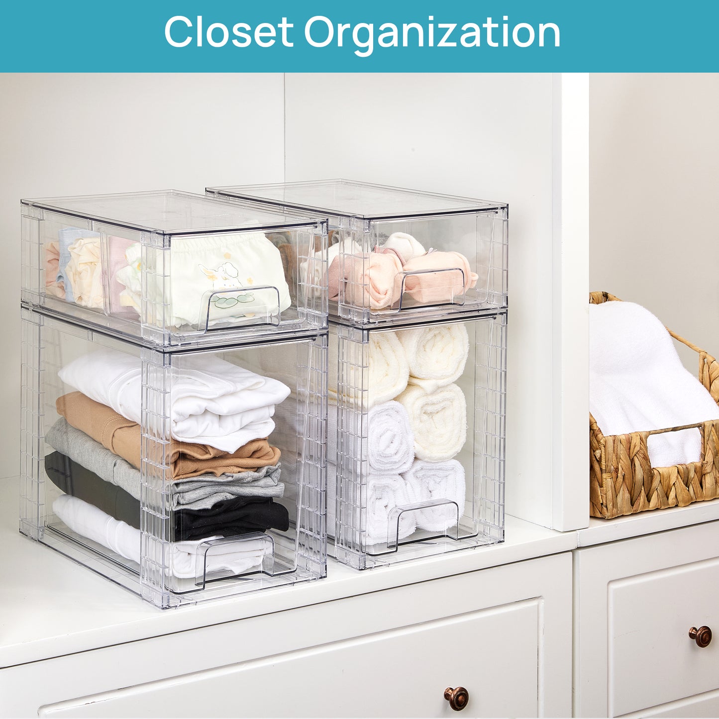Sindcom 4 Pack Large Stackable Plastic Storage Drawers, Acrylic Clear Plastic Organizer Bins for Makeup, Cosmetics, Bathroom Closet Undersink Organizer, 2 High+2 Small