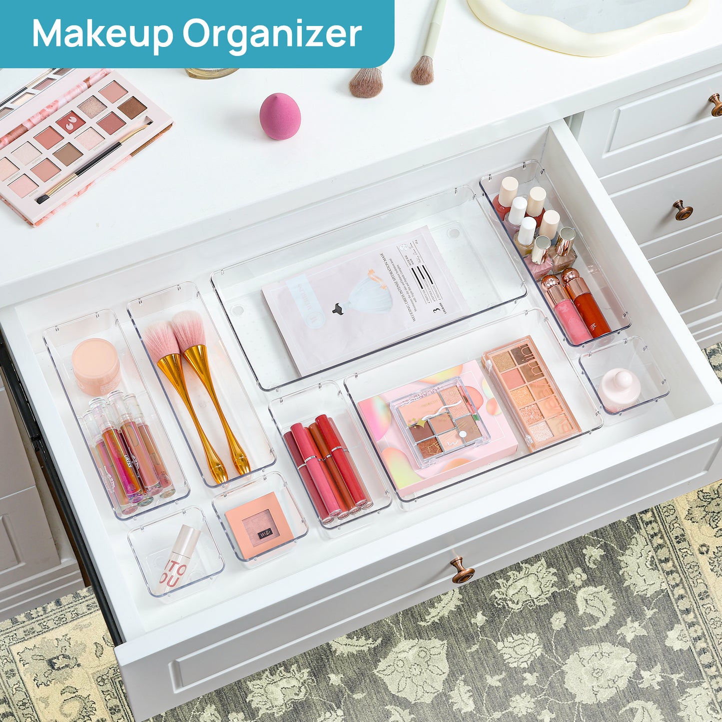 Sindcom 60 PCS Drawer Organizer, 4-Size Clear Plastic Bins Containers, for Bathroom and Vanity Storage