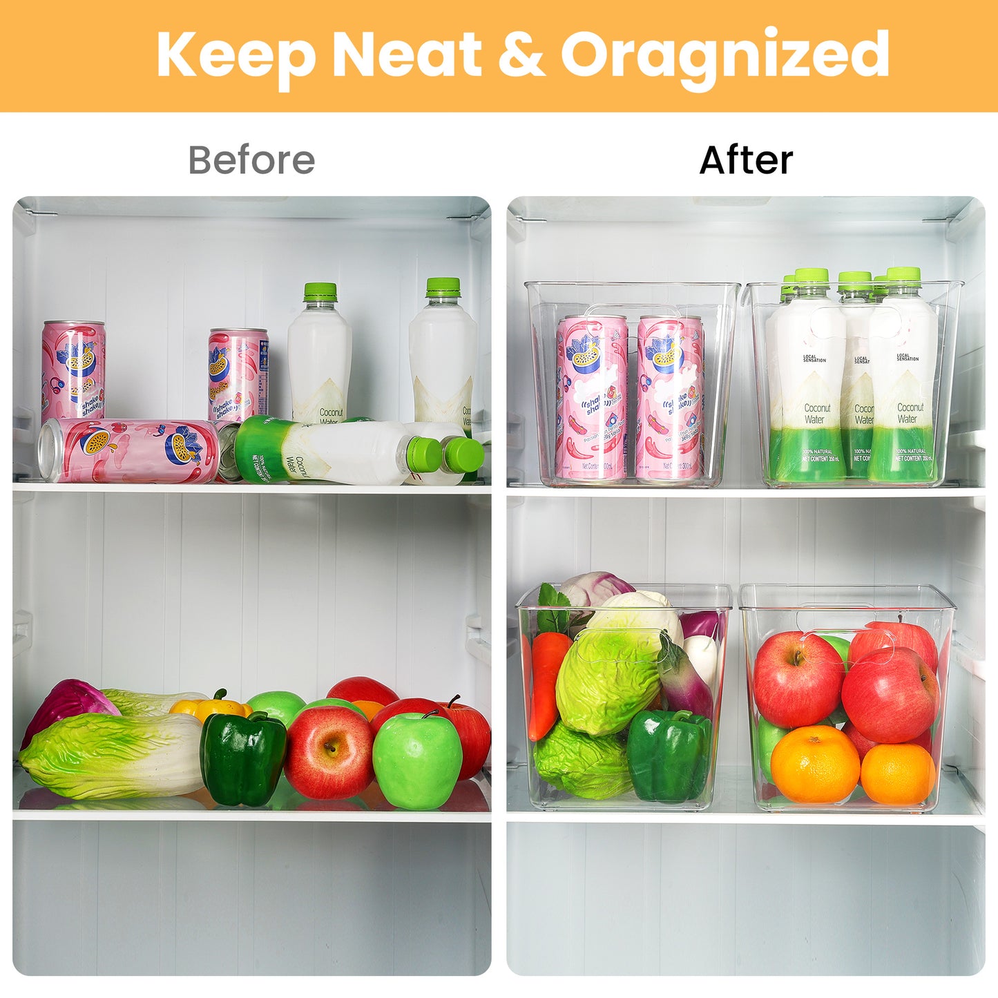 Sindcom 4 Pack Clear Plastic Storage Bins with Handles, Pantry Organizer Bins, for Refrigerator, Freezer, Cabinet, Kitchen, Countertops, X-Large