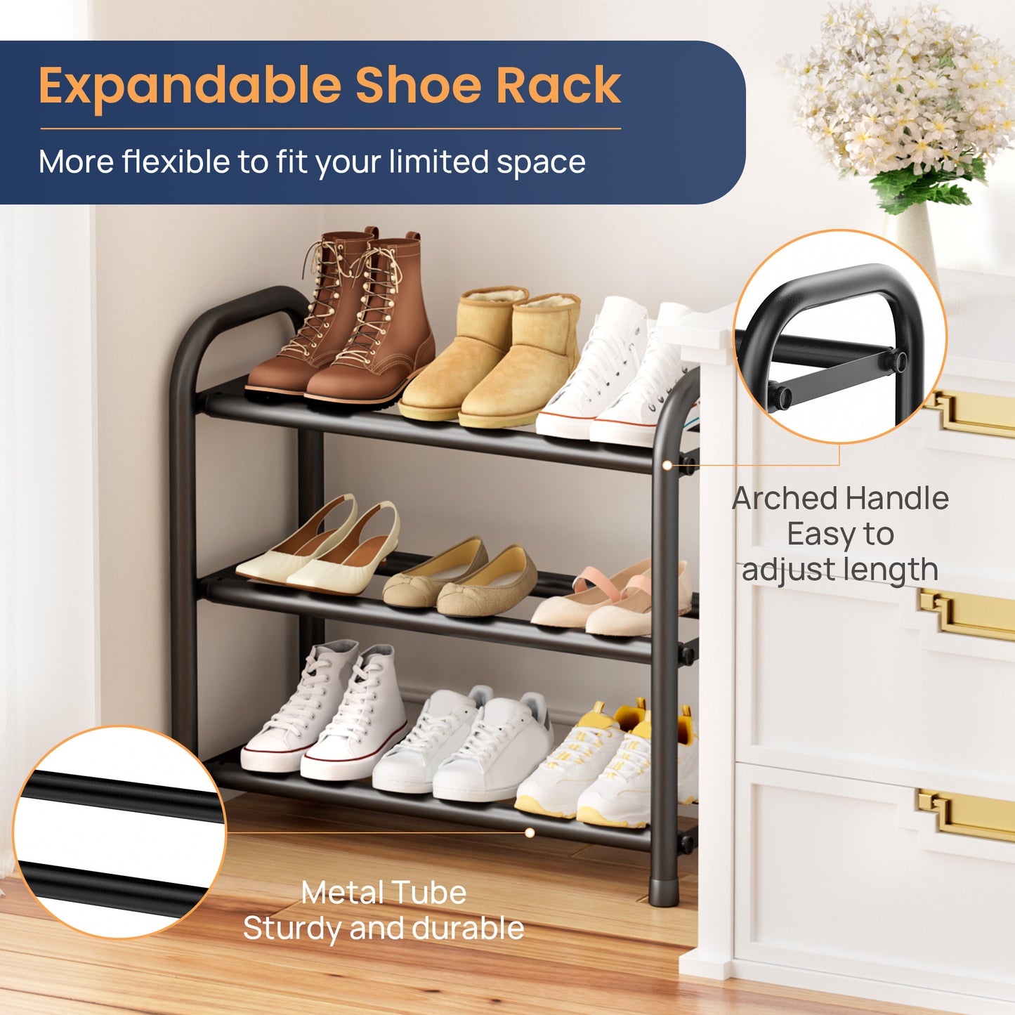 Sindcom 3 Tier Expandable Shoe Rack, Black Metal Shoe Shelf Organizer Storage for Closet, Space Saving Shoe Rack for Entryway