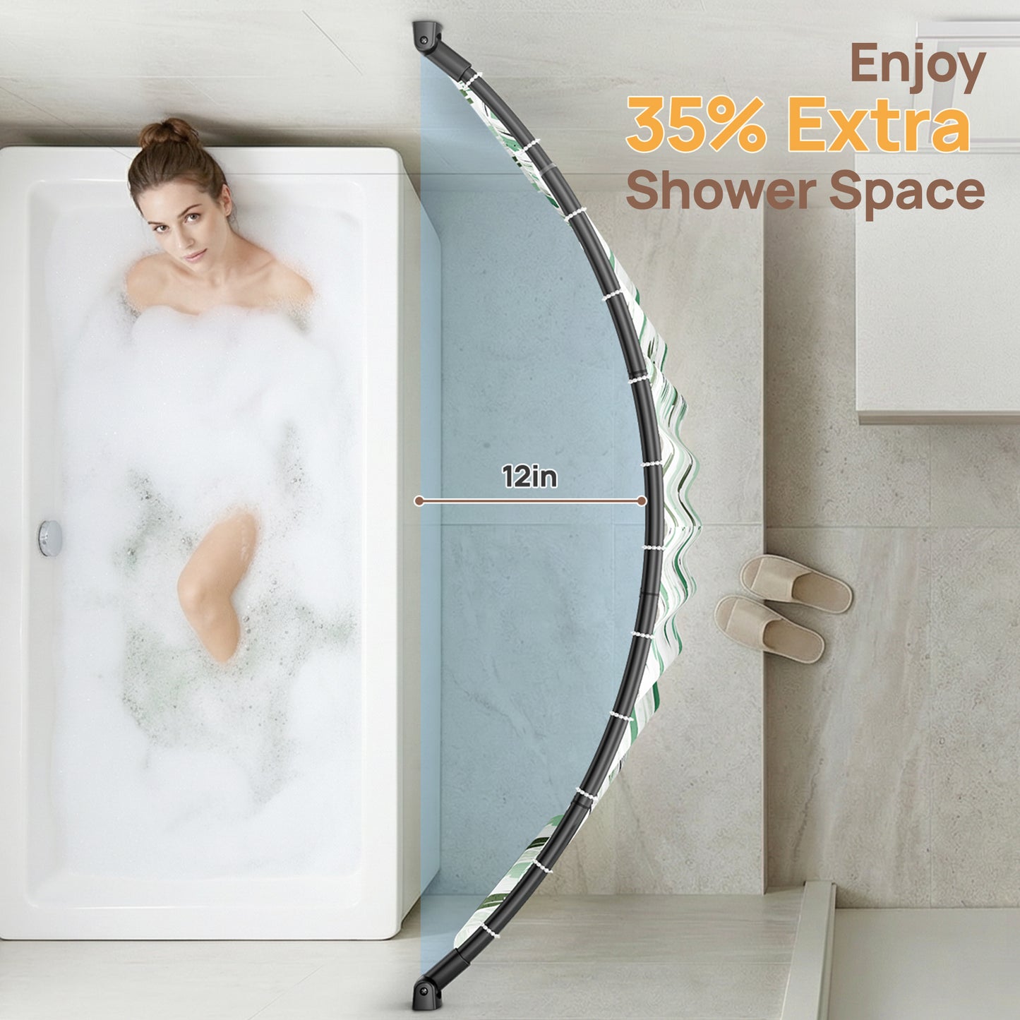 Sindcom 35-77 Inches Curved Shower Curtain Rod, Adjustable Stainless Steel Shower Rod for Extra Space, Round Shower Rods for Bathroom, Bathtub, Shower, Need to Drill, Matte Black