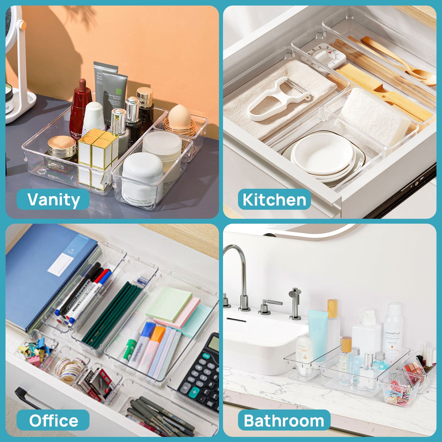 Sindcom 26 PCS Clear Plastic Stackable Organizer Bins，Makeup Drawer Organizers and Vanity Organizer