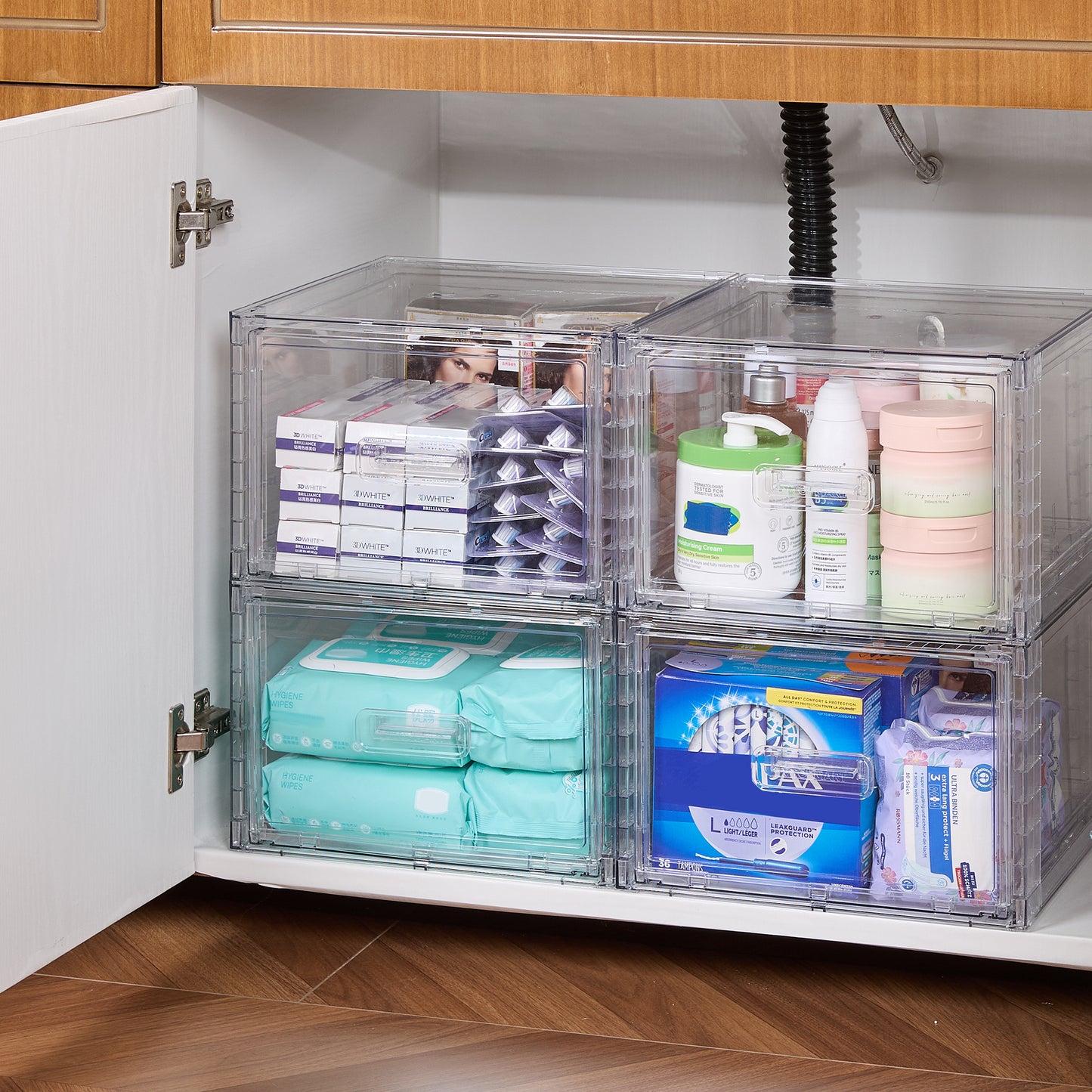 Sindcom 4 Pack Medium 18QT Clear Stackable Storage Drawers,Easily Assemble Closet Organizers,Plastic Storage Bins for Bathroom,Cabinet,Kitchen Pantry,Under Sink Organization