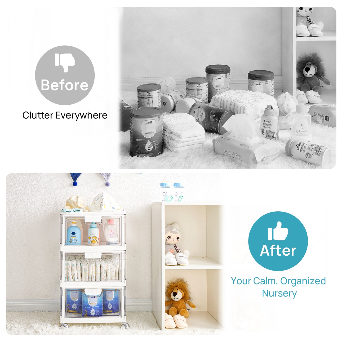 Kids Toy Storage Organizer with Clear Bins & Wheels, 72Qt Foldable Stackable Storage Containers with Lids for Baby Diapers, Wipes, Toys, Nursery & Playroom Organization, White