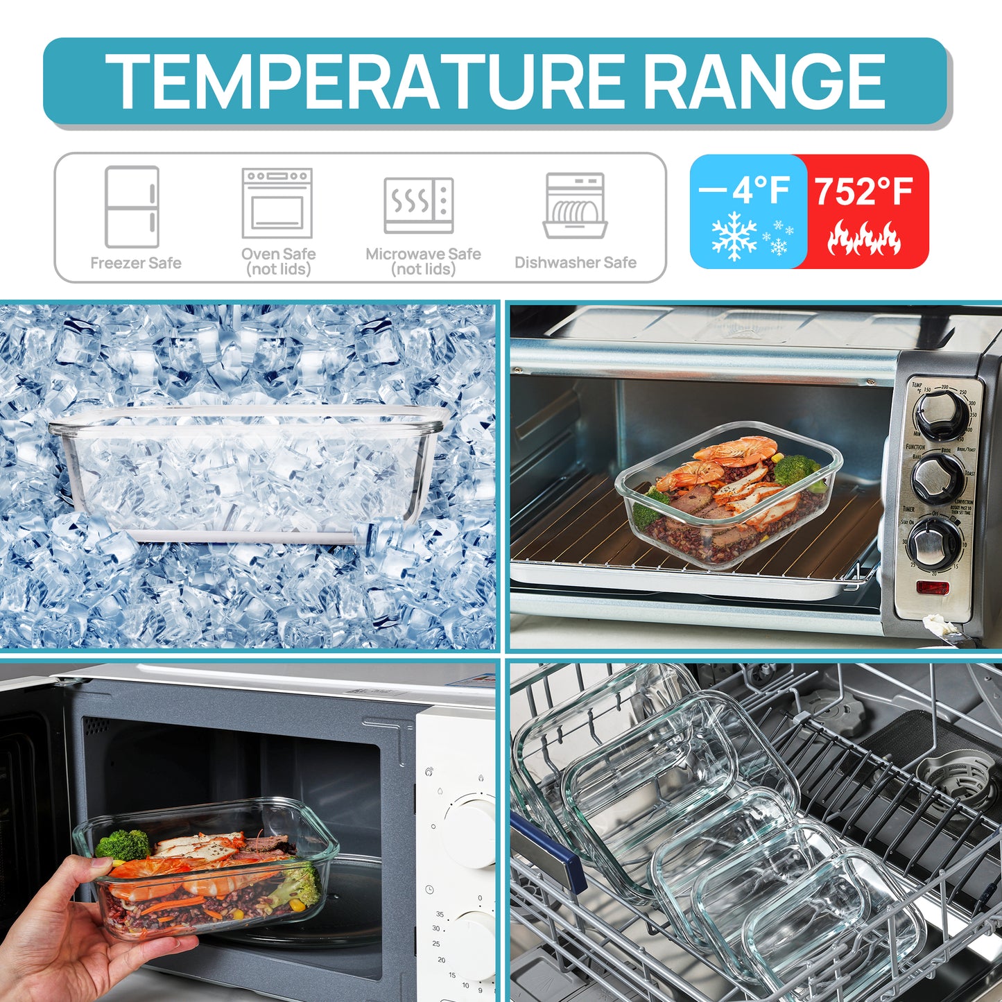 Sindcom 2Pack 1860ml/ 63oz Large Glass Storage Containers with Lids, Meal Prep Food Container Set with Snap Airtight Lid for Baking, Microwave, Oven, Leak Proof, for Freezer, Dishwasher, Grey