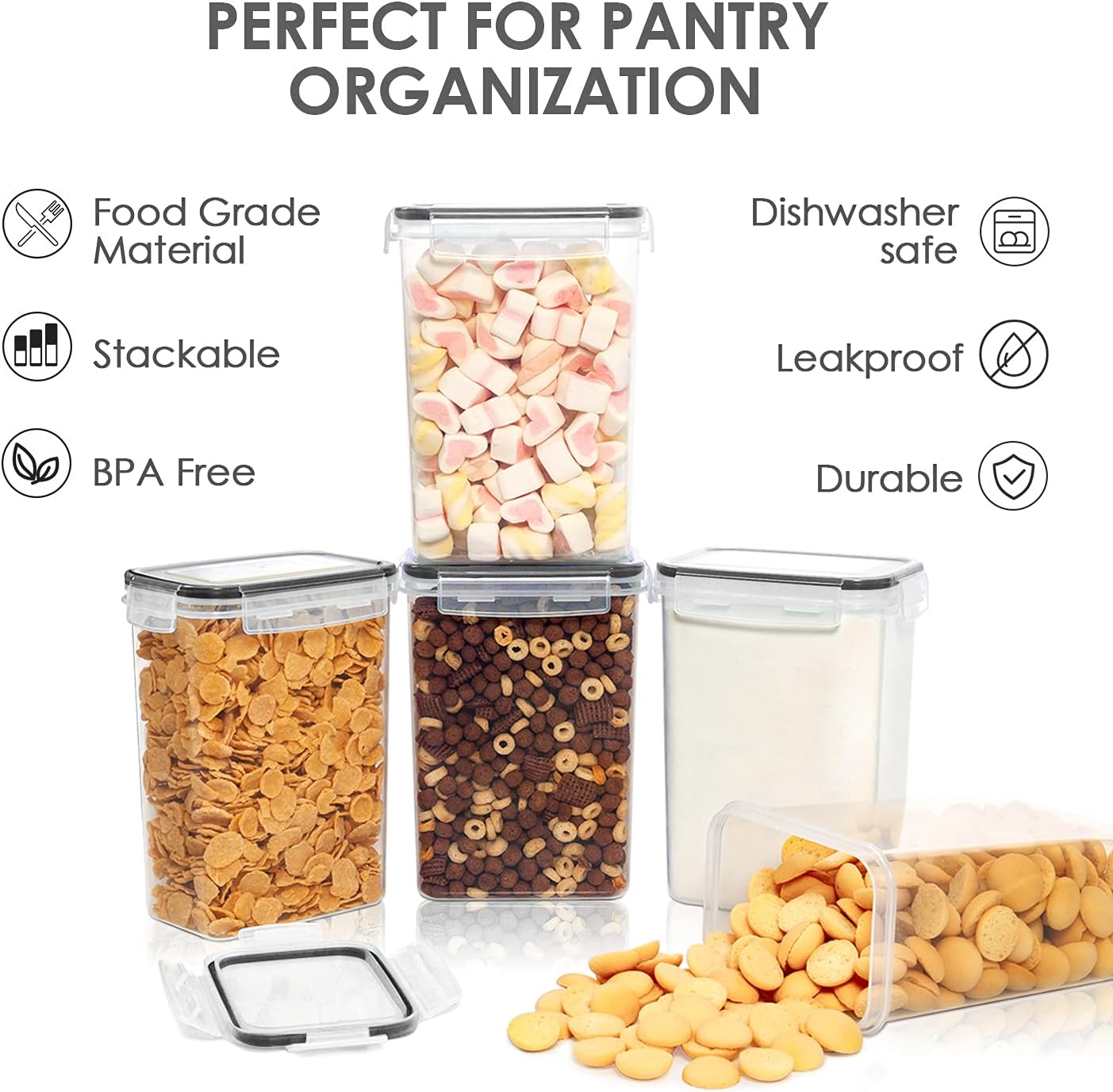 Sindcom Set of 9 Airtight Food Storage Containers with Lids,Plastic Kitchen Pantry Organizers and Flour Storage,Dry Food Keepers, 2L Cereal Containers with 24 Labels,Black