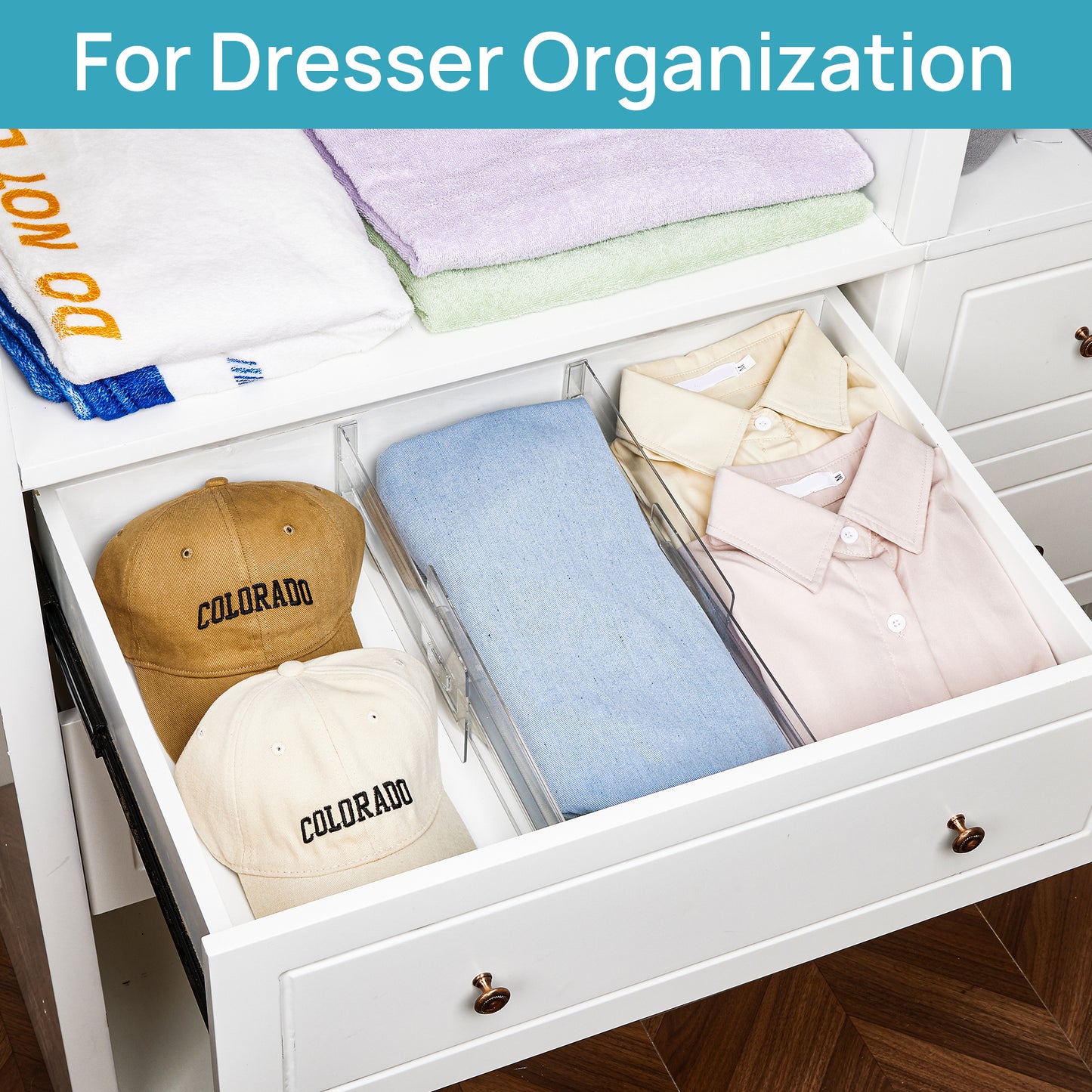Sindcom 6 Pack Drawer Dividers for Clothes, Adjustable 4" High Expandable from 10.6"-17" Clear Dresser Drawer Organizer