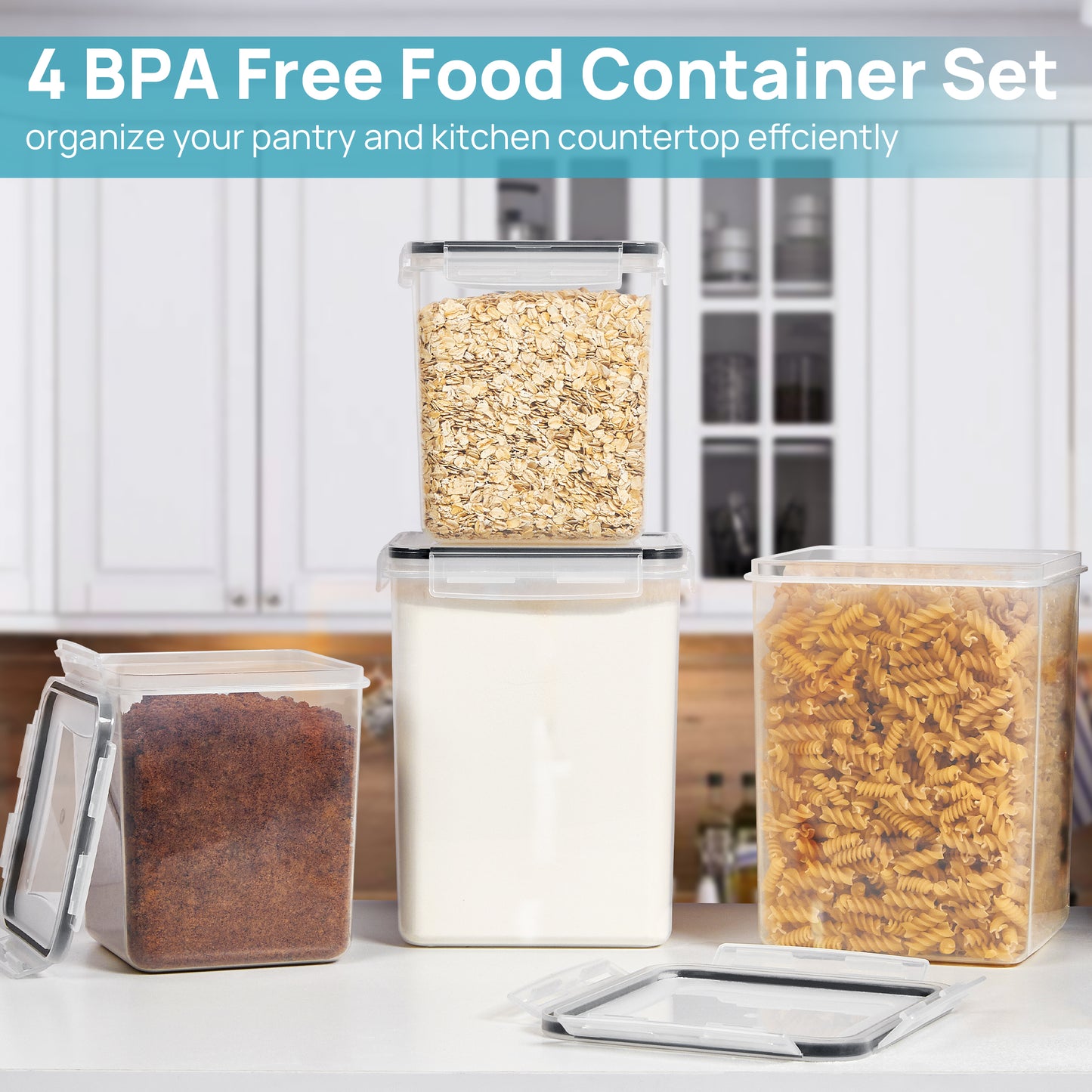 Sindcom Airtight Storage Canisters, 4 Pcs Large Food Storage Container for Flour, Sugar, Baking Supplies, Rice with Lids