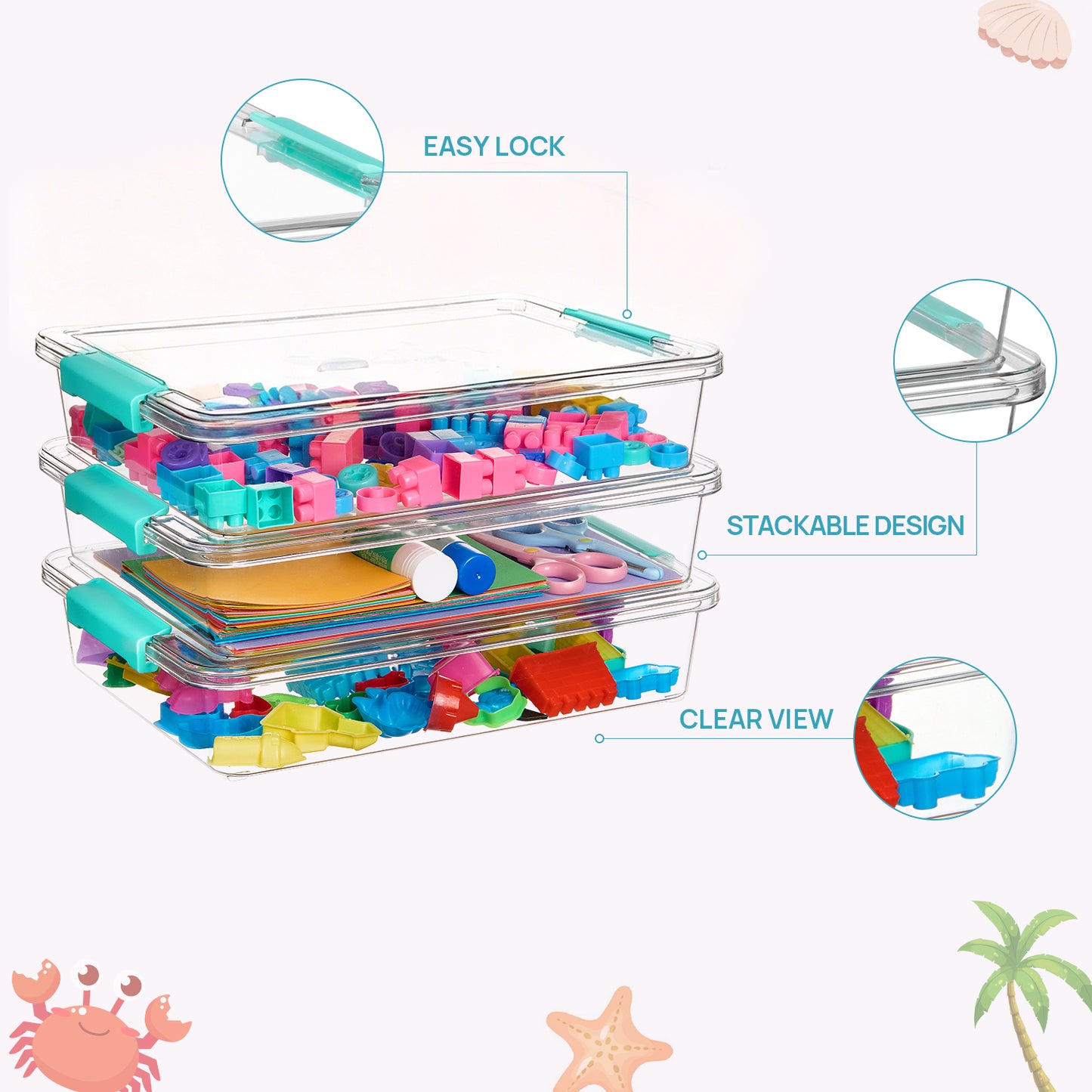 Sindcom 6 Qt Plastic Storage Bins with Lids, Clear Sensory Bins, Arts Crafts Organizers and Storage, Stackable Containers for Home Office and School Supplies, 3 Pack