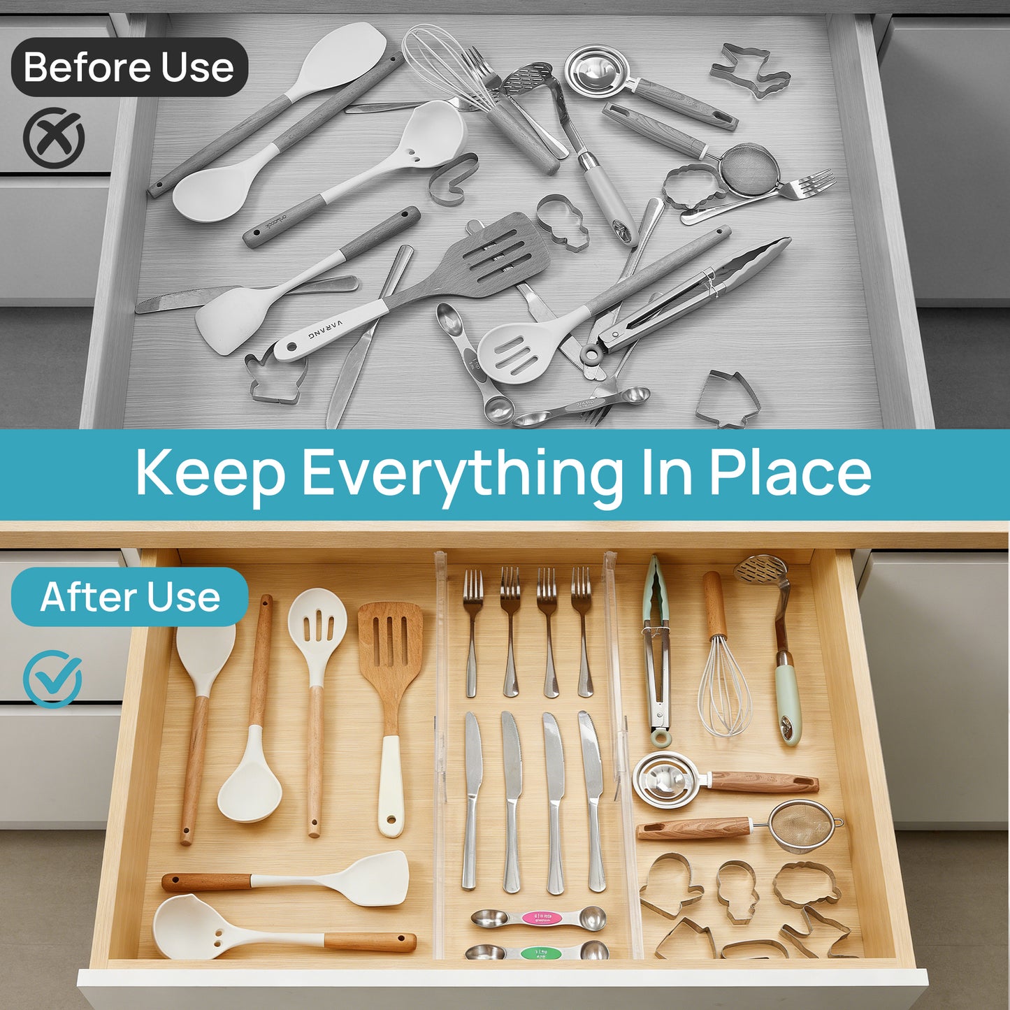 Sindcom 6 Pack Drawer Dividers for Kitchen, Adjustable 2.3" High Expandable from 12.9"-21.4" Drawer Organizer