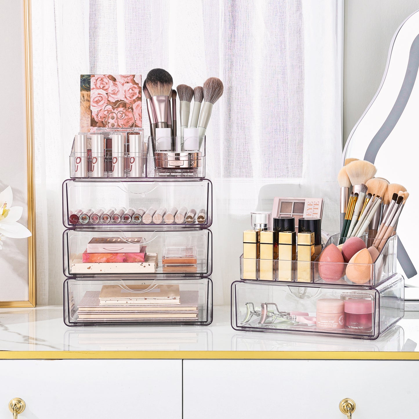 Sindcom 4 Tier Clear Makeup Organizer with Drawer, Plastic Cosmetic Storage, Beauty Holder