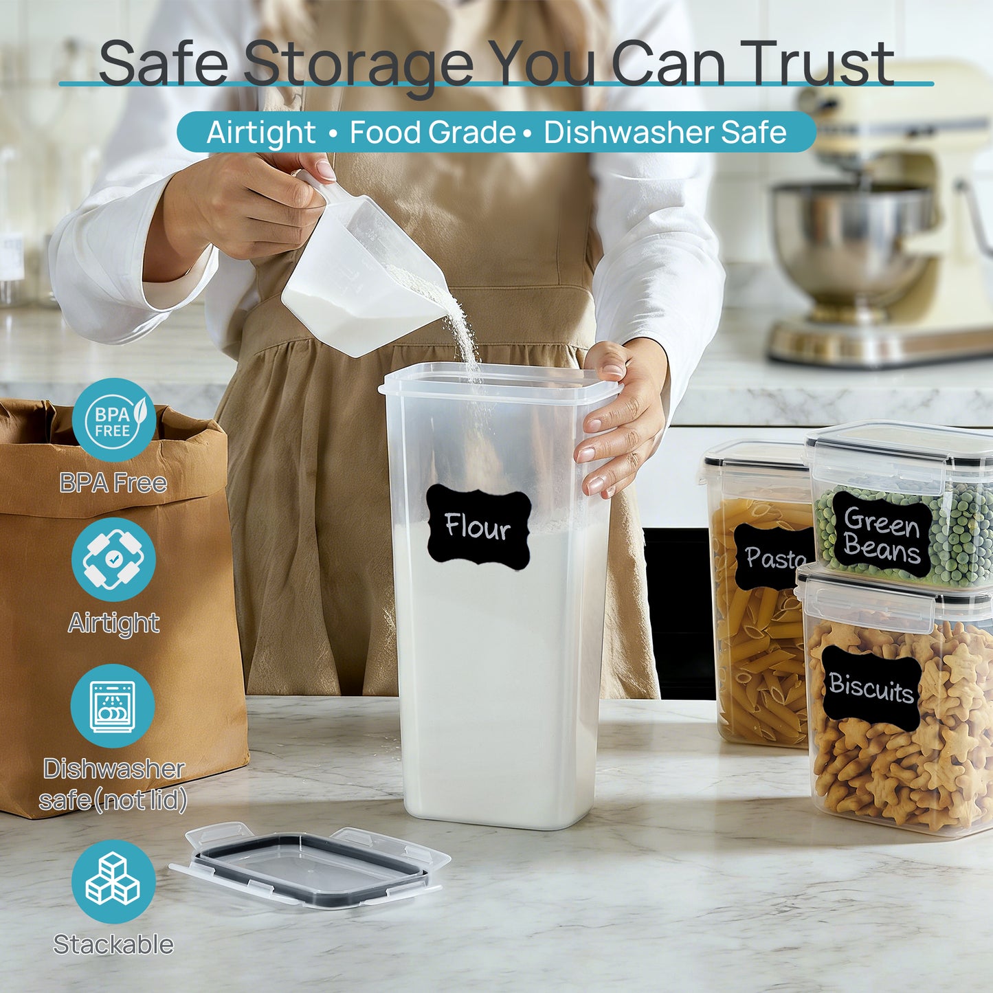 Sindcom Airtight Food Storage Containers with Lids, 24 pcs Plastic Kitchen and Pantry Organization Canisters for Cereal, Dry Food, Flour and Sugar, BPA Free, Includes 24 Labels，Black