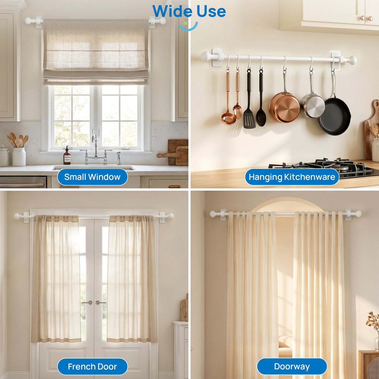 Sindcom No Drill Curtain Rods for Window 27 to 48 Inches, 5/8 Inch Diameter Renter Friendly Drapery Rod with Adhesive Brackets without Drilling, Adjustable from 27 to 52 Inches, White