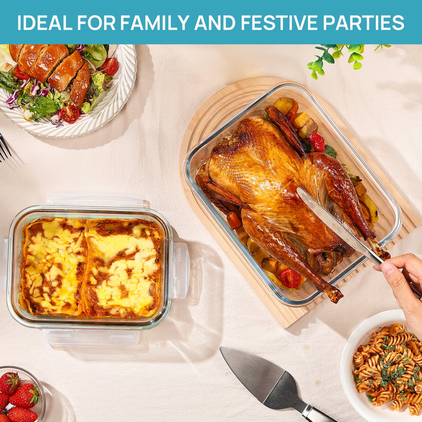 Sindcom 122oz+50oz Large Glass Food Storage Containers with Airtight Lids, Big Glass Containers for Roasting Chicken, Baking Casseroles, Food Storage, Meal Prep, Fruits, Thanksgiving Meals, BPA-Free