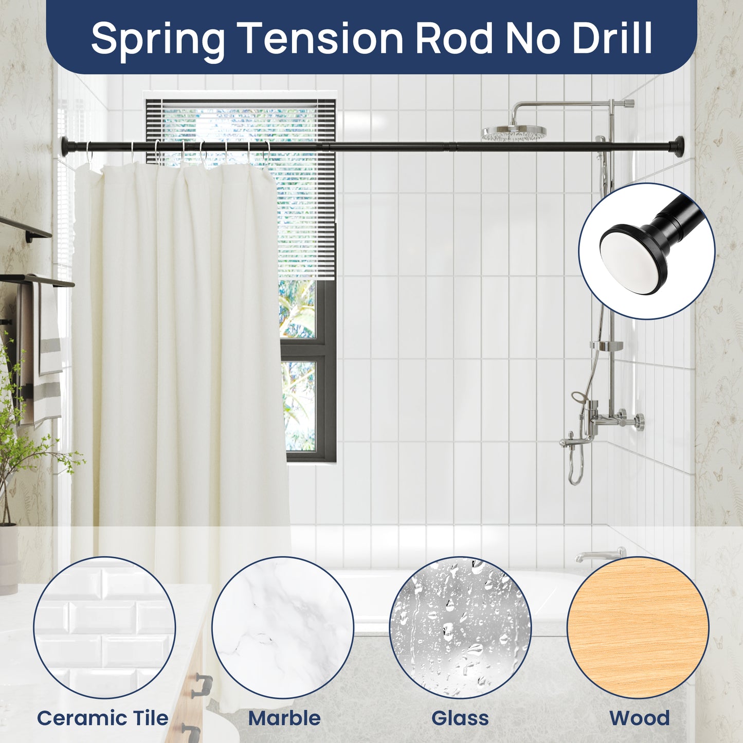 Sindcom No Drill Shower Curtain Rod 30 to 88 Inches Matte Black, 1 Inch Stainless Steel Adjustable Spring Tension Rods No Drill for Bathroom, Closet, Window, Room Divider, Never Rust, Non Slip