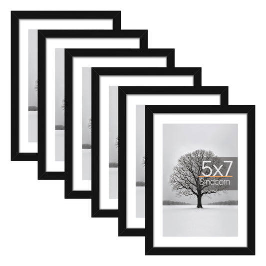 Sindcom 6 Pack 5x7 Picture Frames,Display Pictures 4x6 with Mat or 5x7 Without Mat,Gallery Wall Photo Frames, Black