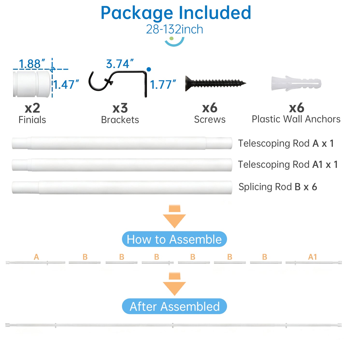 Sindcom Matte White Curtain Rods for Windows 66 to 120 Inches, 1 Inch Diameter Adjustable Heavy Duty Drapery Rod with Brackets for Living Room, 28"-132"