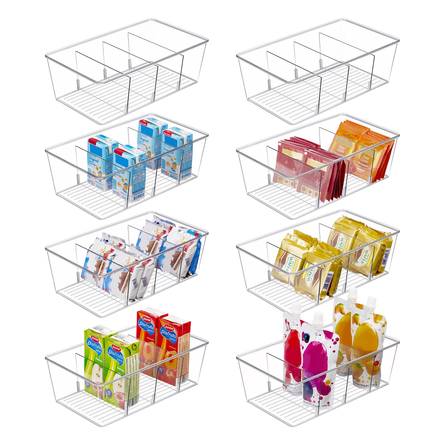 Sindcom 8 Pack Food Storage Organizer Bins, Clear Plastic Bins for Pantry, Kitchen, Fridge, Cabinet Organization and Storage, 4 Compartment Holder for Packets, Snacks, Pouches, Spice Packets