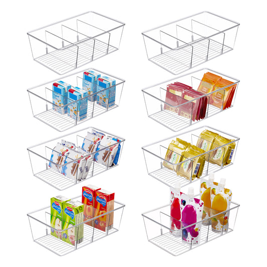 Sindcom 8 Pack Food Storage Organizer Bins, Clear Plastic Bins for Pantry, Kitchen, Fridge, Cabinet Organization and Storage, 4 Compartment Holder for Packets, Snacks, Pouches, Spice Packets