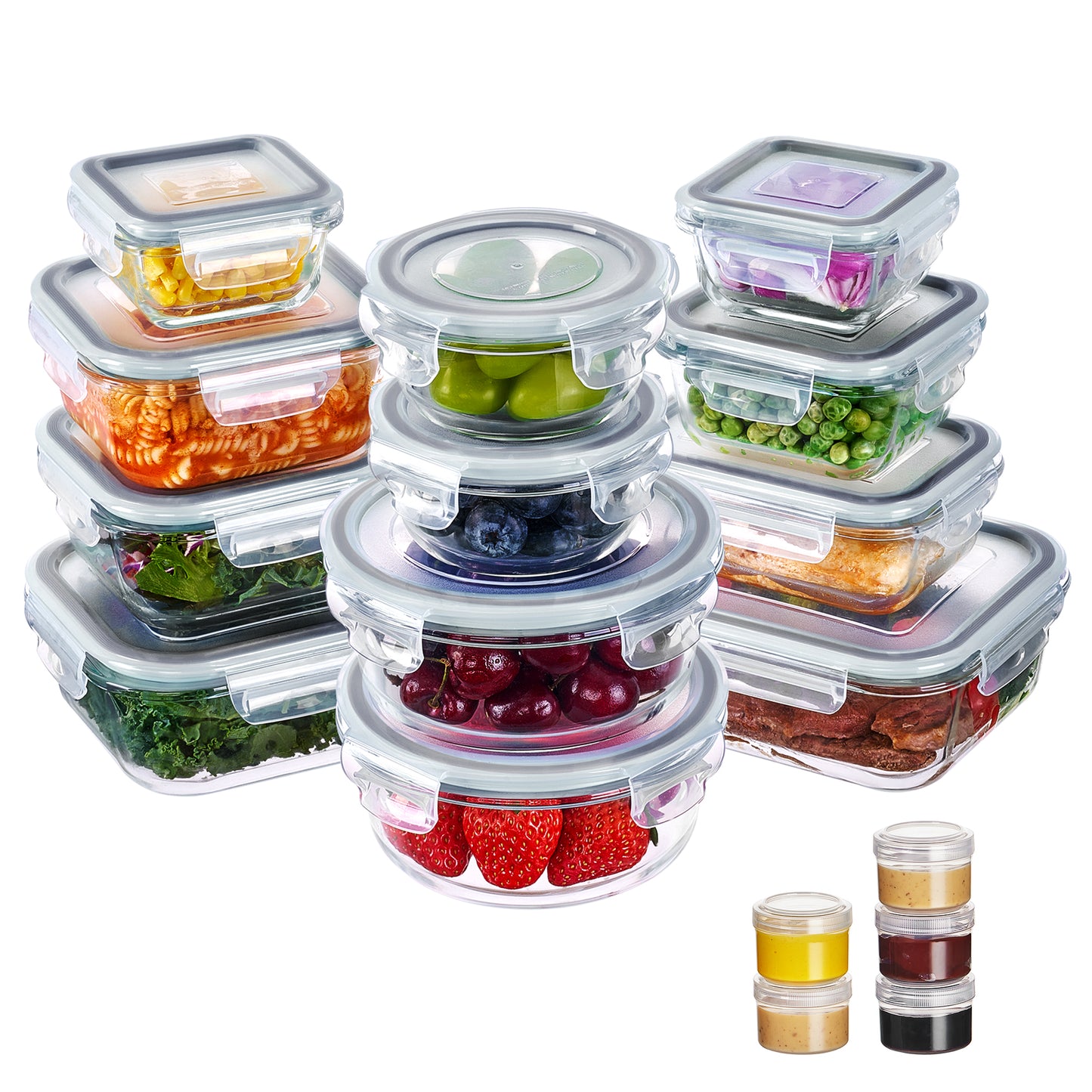 Sindcom 34pcs Glass Food Storage Containers with Lids Set, Airtight Meal Prep Containers (17 Containers & 17 Lids), Grey