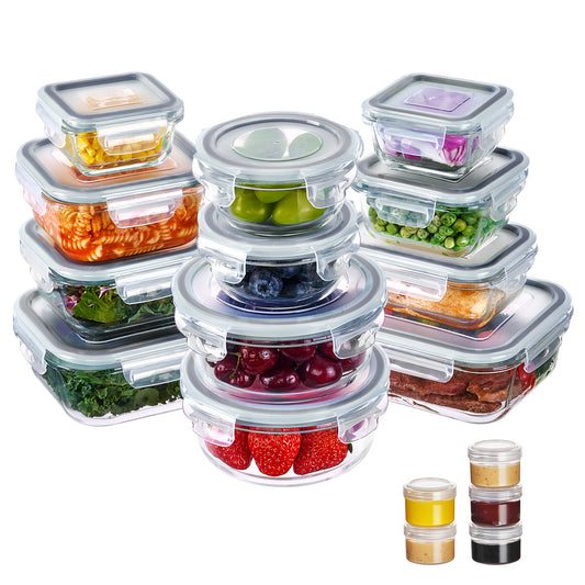 Sindcom 34pcs Glass Food Storage Containers with Lids Set, Airtight Meal Prep Containers (17 Containers & 17 Lids), Grey