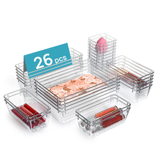 Sindcom 26 PCS Clear Plastic Stackable Organizer Bins，Makeup Drawer Organizers and Vanity Organizer