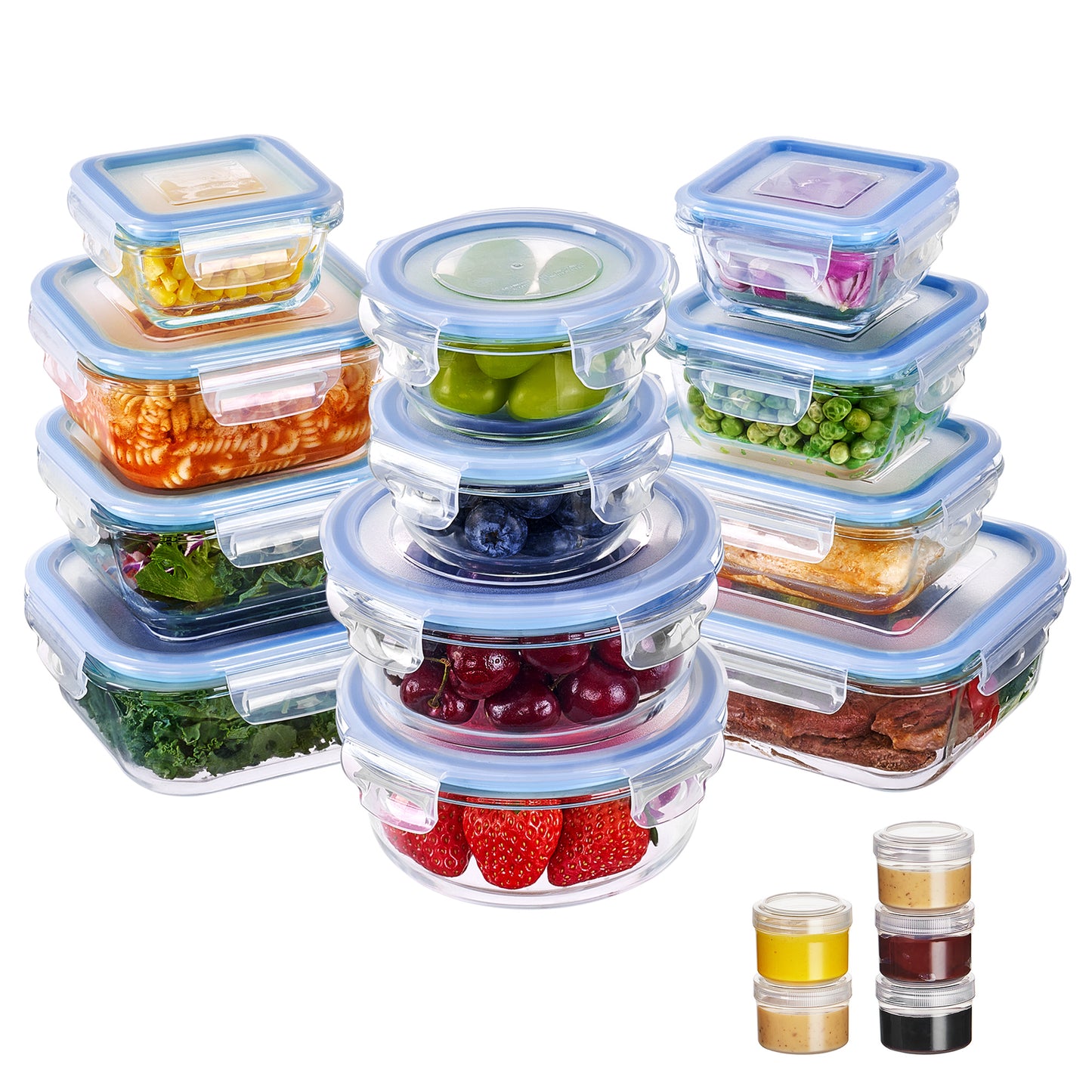 Sindcom 34pcs Glass Food Storage Containers with Lids Set, Airtight Meal Prep Containers (17 Containers & 17 Lids), Blue