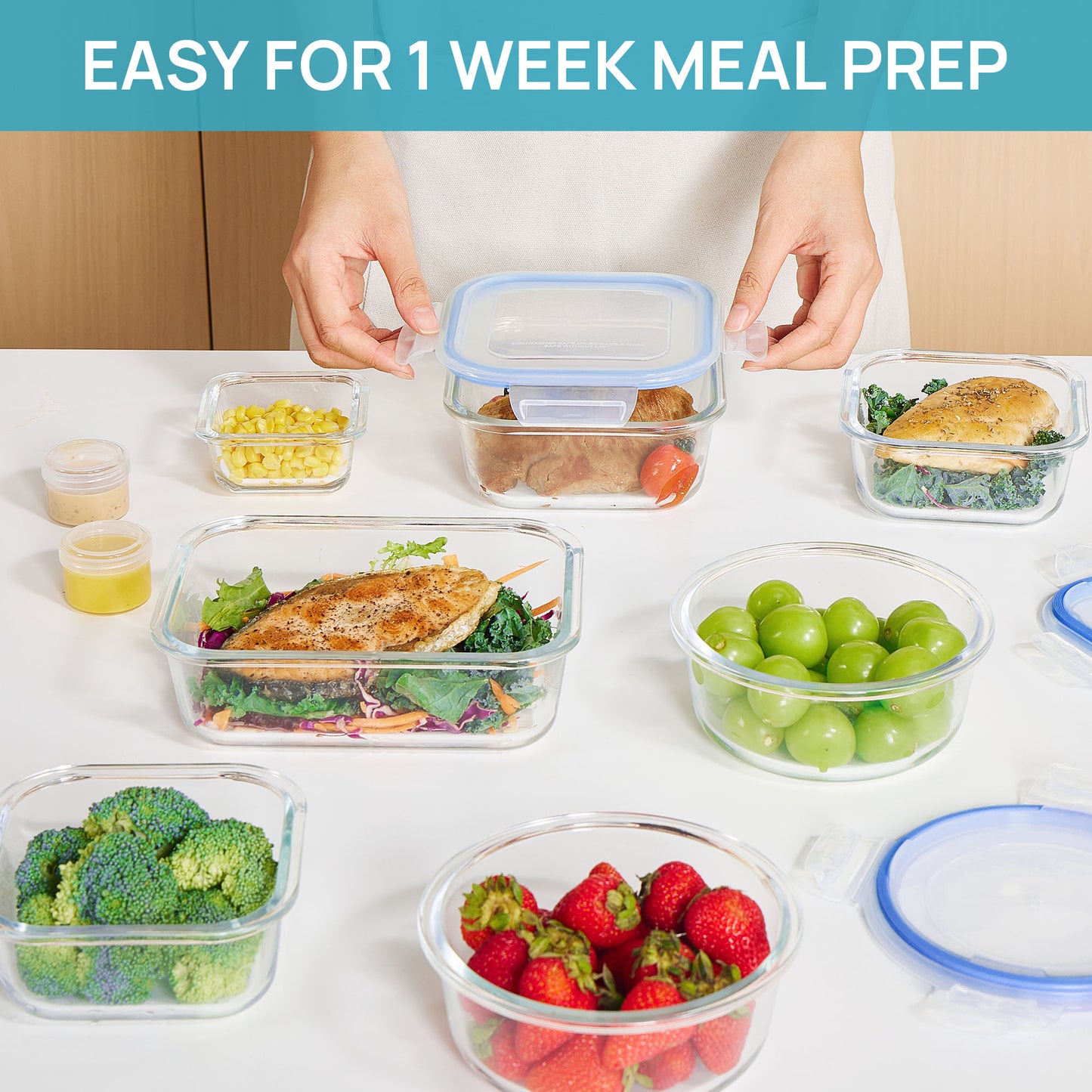 Sindcom 34pcs Glass Food Storage Containers with Lids Set, Airtight Meal Prep Containers (17 Containers & 17 Lids), Blue