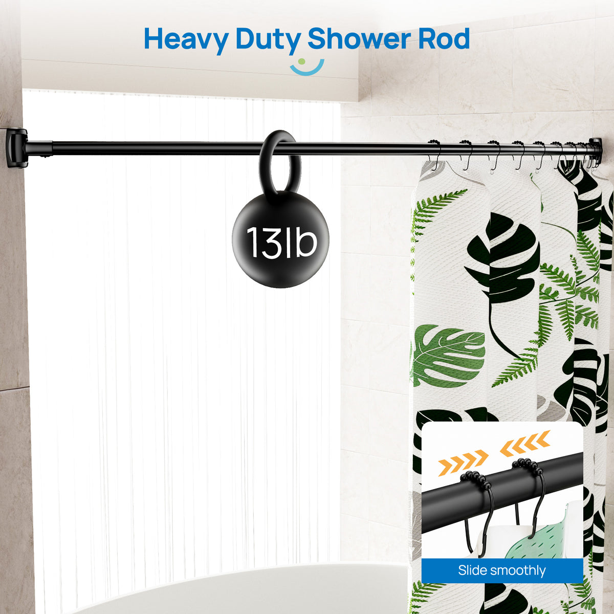 Sindcom Curved Shower Rod, Adjustable Stainless Steel Bathroom Rod, Wall Mount Matte Black