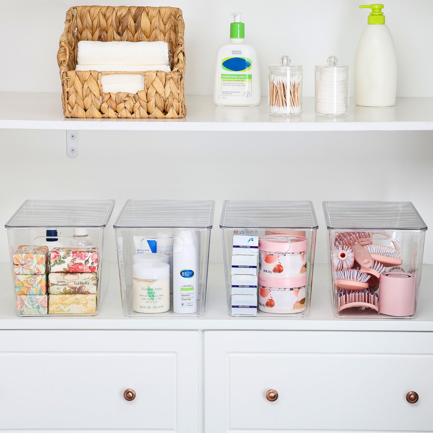 Sindcom 4 Pack Clear Plastic Storage Bins with Lids, Pantry Organizer, for Cabinet, Kitchen, XLarge