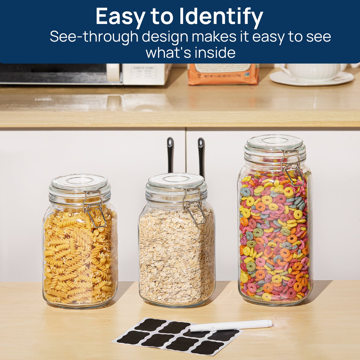Sindcom 3 PCS Airtight Glass Jars with Lids, 3 PCS Food Storage Canister, Square Mason Jar Containers, 78oz*1+50oz*2