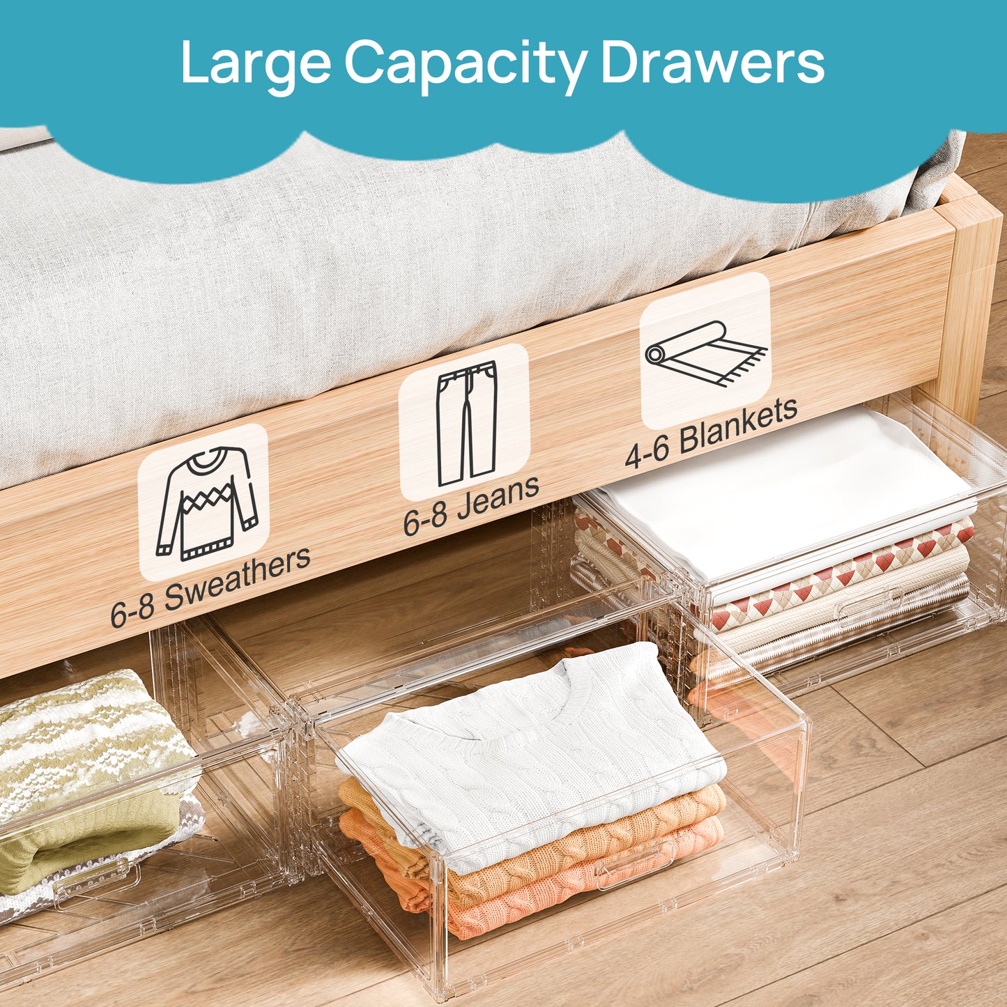 Sindcom 2 Pack 27QT Large Clear Stackable Storage Drawers, Easily Assemble Plastic Closet Storage Bins, Dust-Proof UnderBed Organizer for Clothing, Sweater Organization